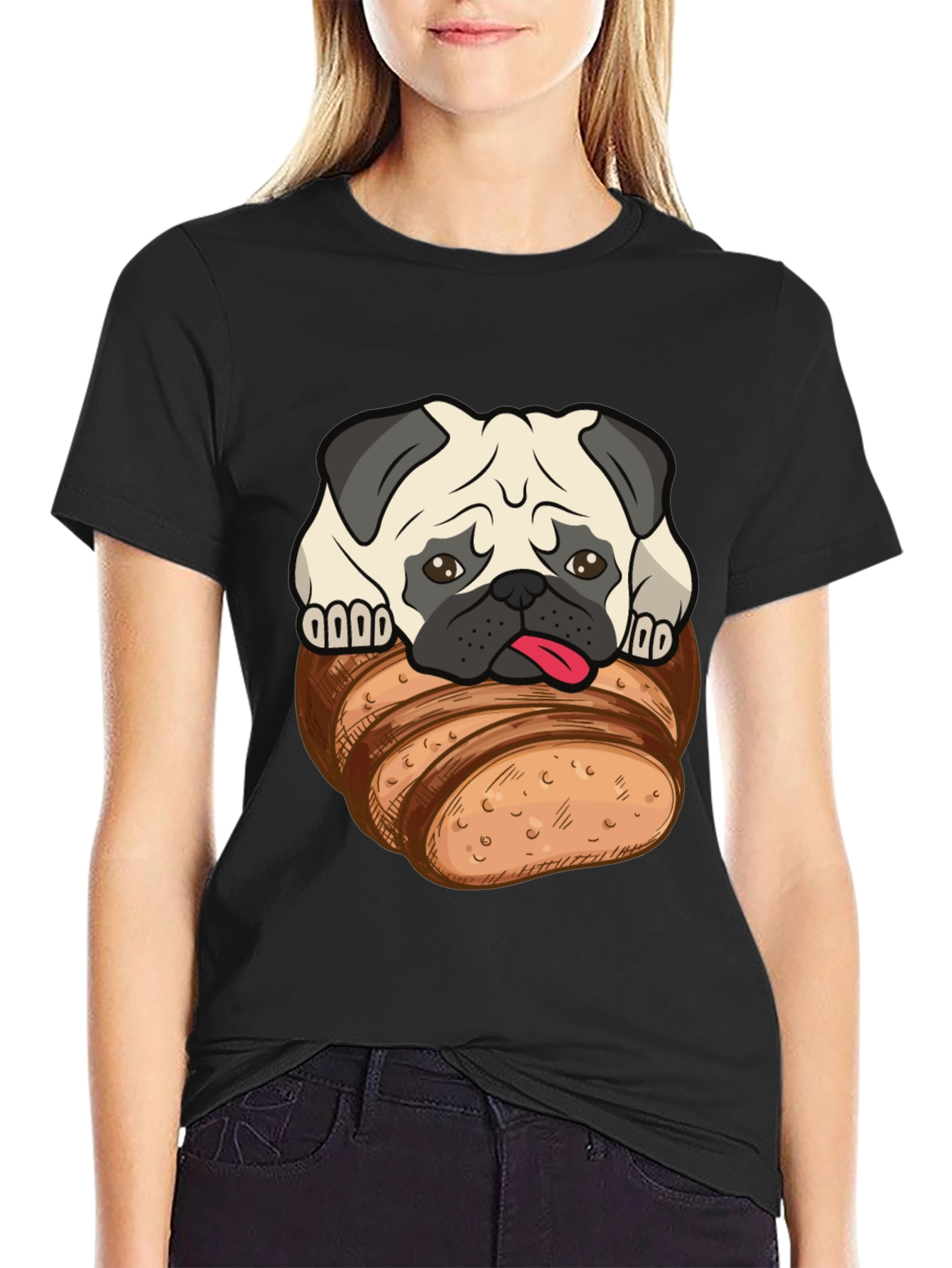 Black Pug in Bread Loaf Graphic T-Shirt view 2
