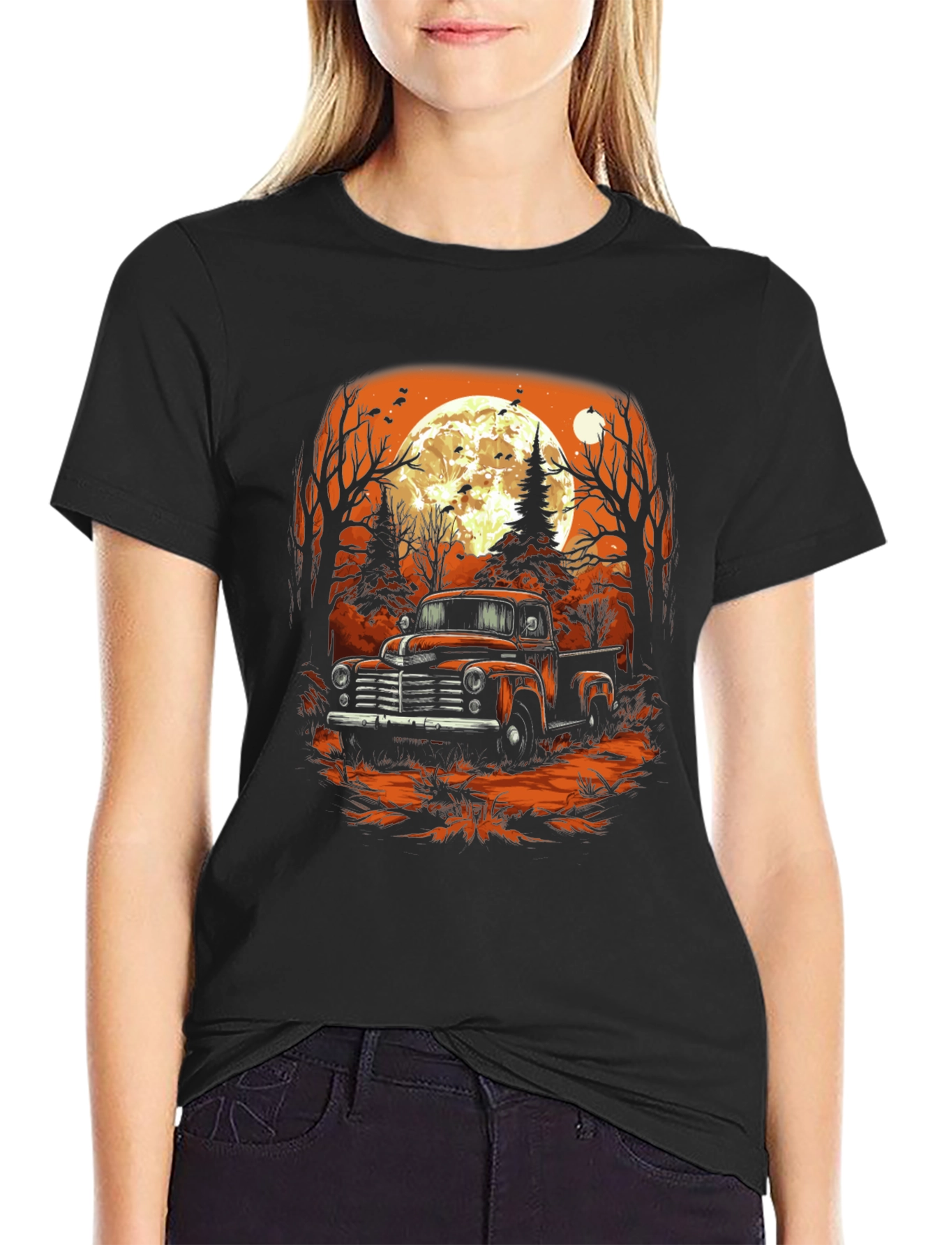 Black Vintage Truck Halloween T-Shirt view 2