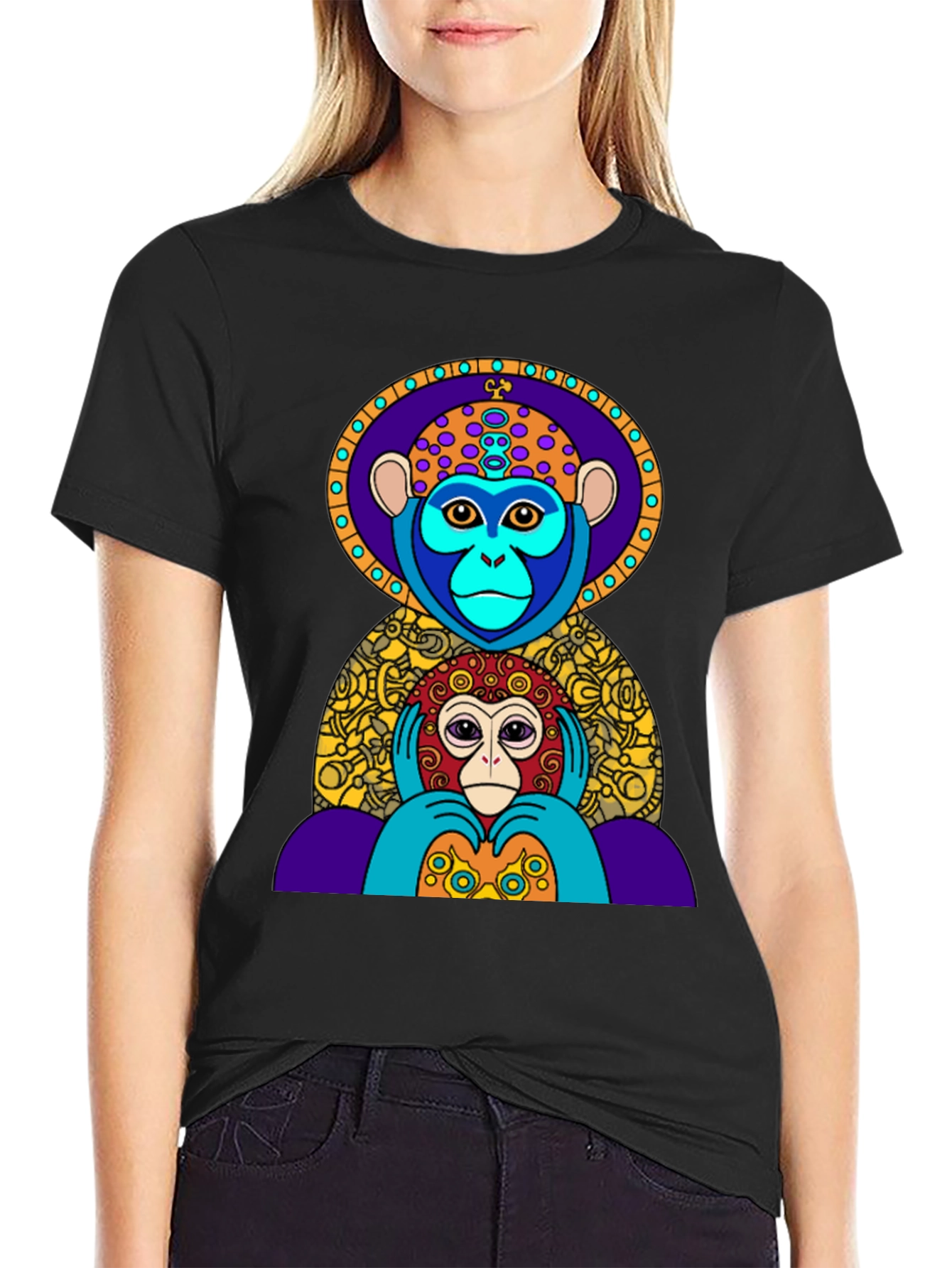 Black Colorful Monkey Graphic Tee - Artistic Design view 2