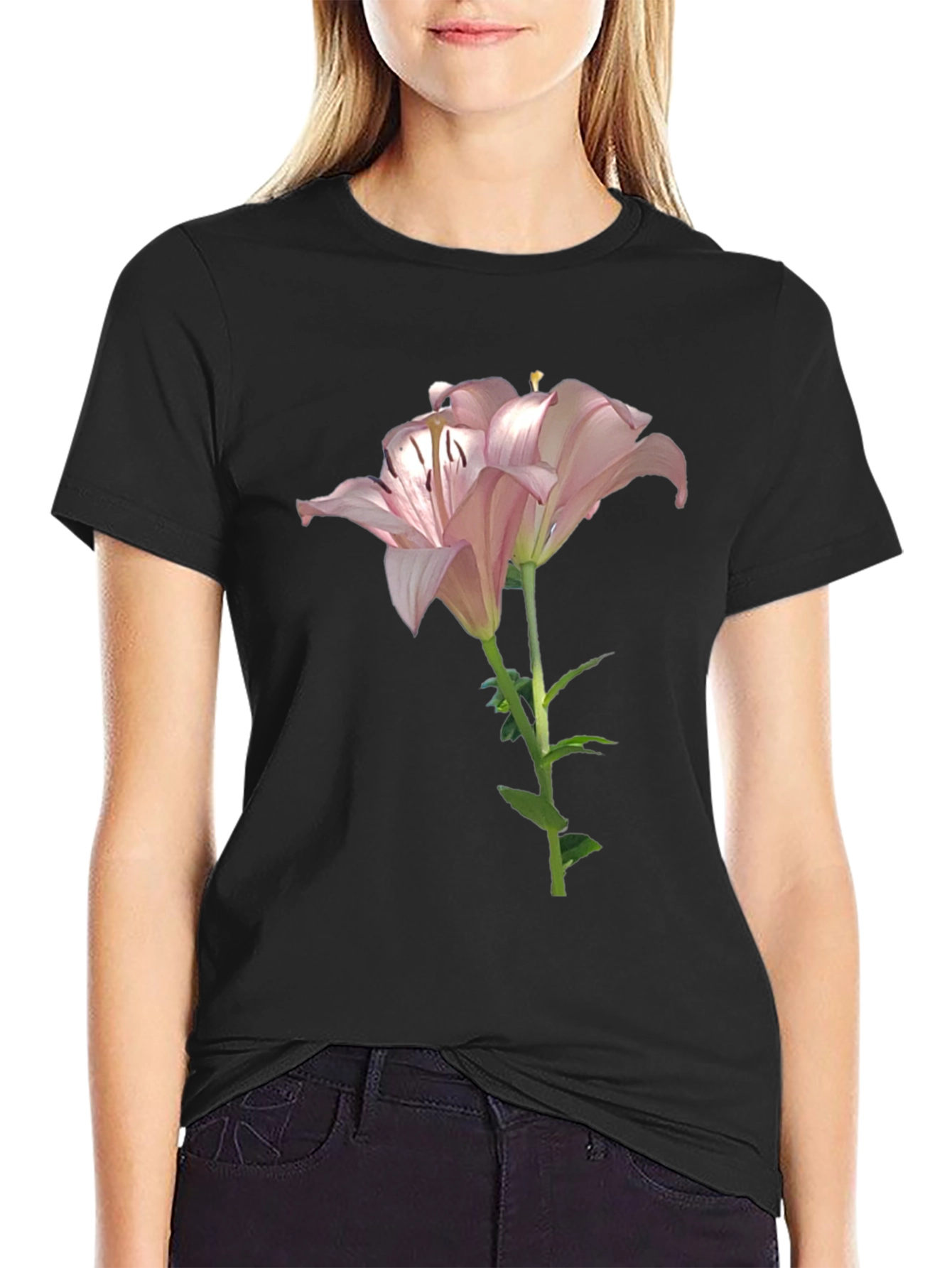 Black Floral Lily Graphic Tee - Soft Cotton Blend view 2