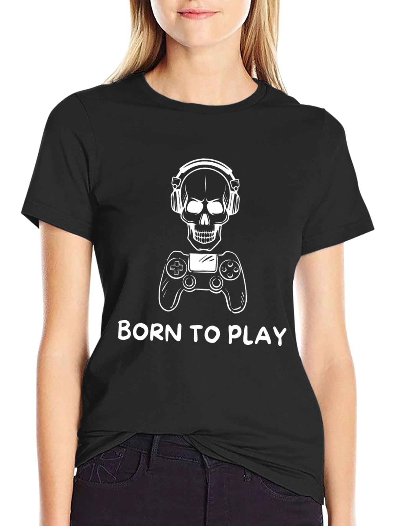 Black Born to Play Gamer T-Shirt - Skull Headset Design view 2