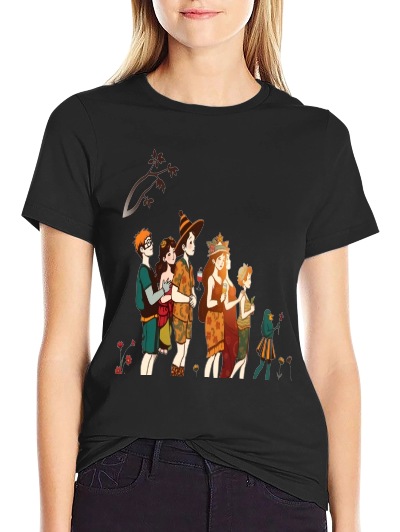 Black Whimsical Autumn Crew T-Shirt - Stylish Unisex Top view 2