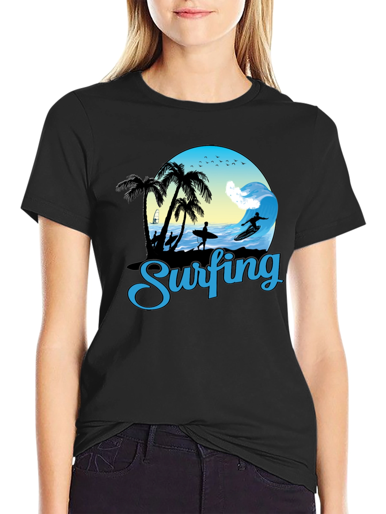 Black Surfing Graphic T-Shirt - Black Cotton Tee view 2