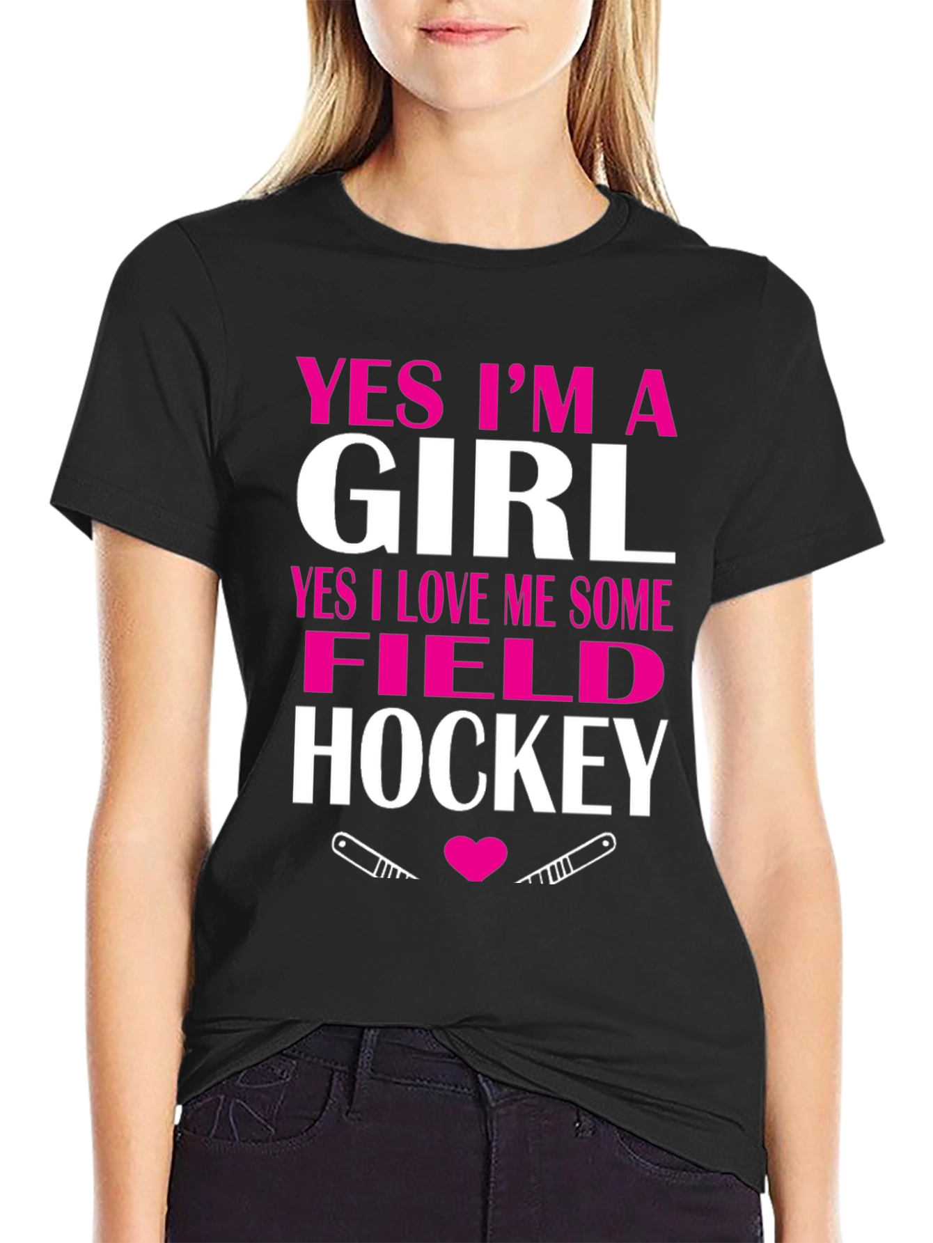 Black Yes I'm A Girl Field Hockey T-Shirt view 2