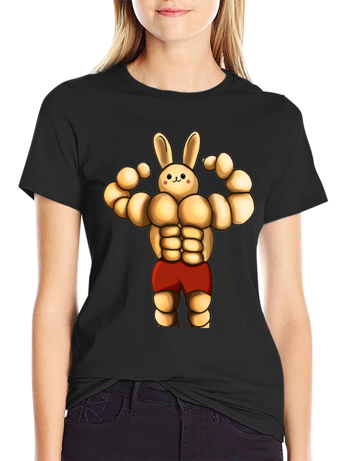 Black Funny Muscle Bunny T-Shirt view 2