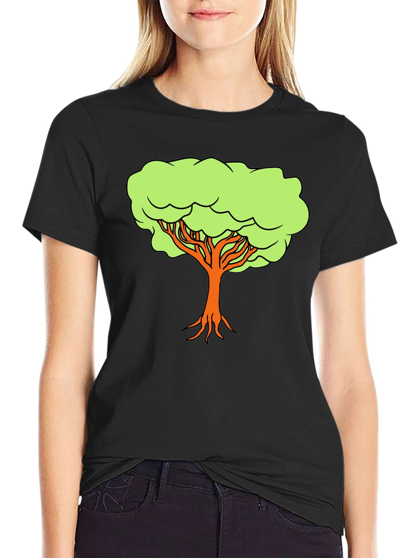 Black Cartoon Tree Graphic Tee - Black Casual Shirt view 2