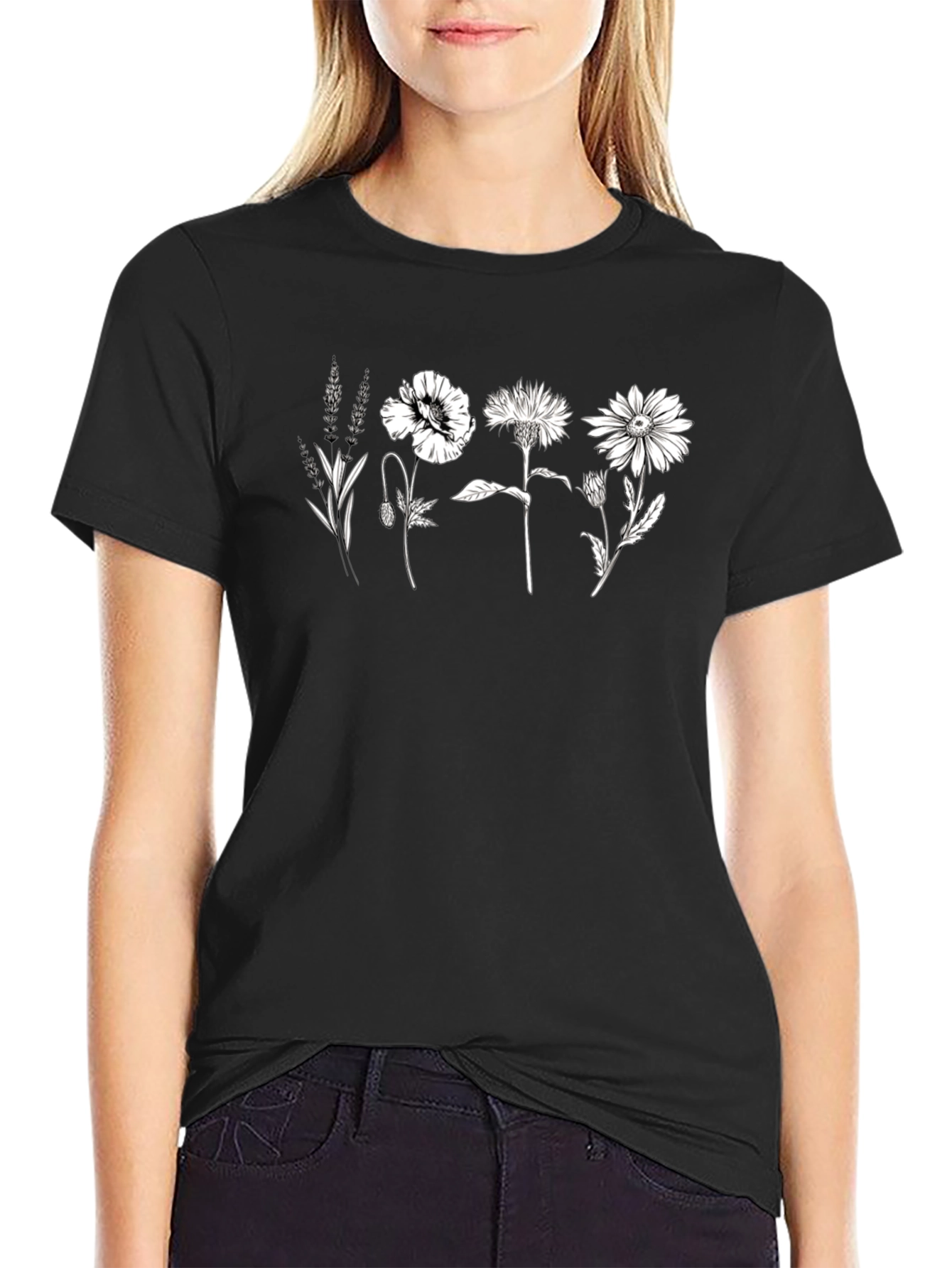 Black Floral Print Black Crew Neck T-Shirt view 2