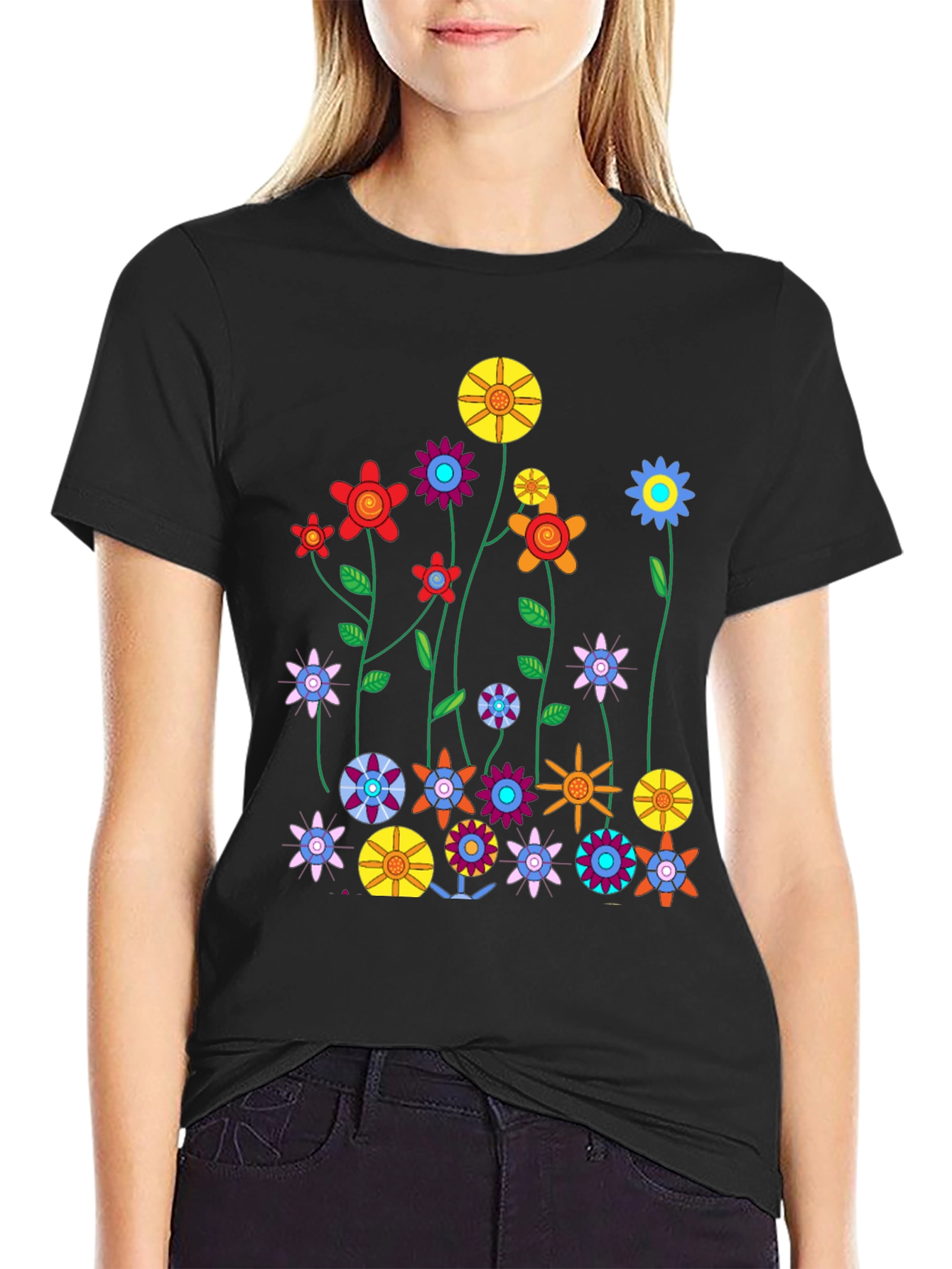 Black Floral Graphic Print Crew Neck T-Shirt view 2