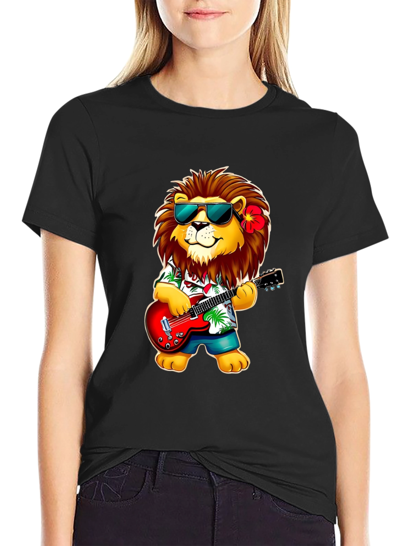 Black Lion Guitarist Graphic Tee - Cool Novelty Shirt view 2