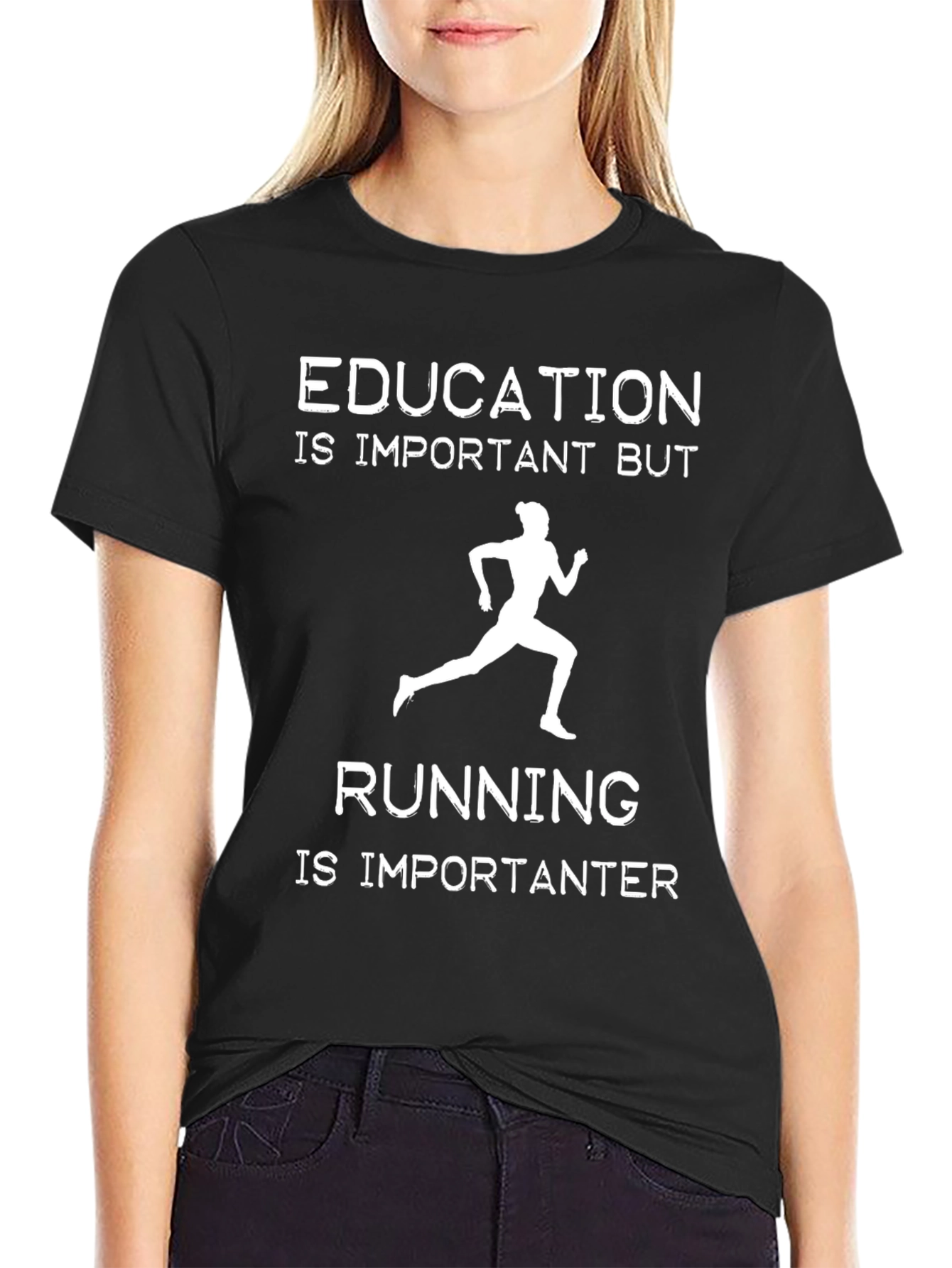 Black Funny Running T-Shirt: Education is Important But Running is Importanter view 2