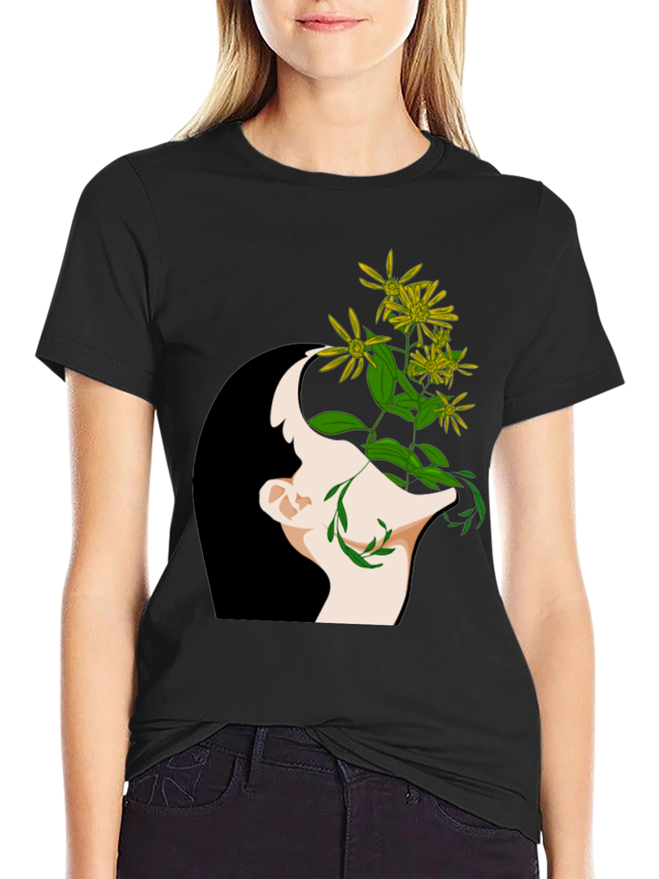 Black Floral Mind Black T-Shirt - Artistic Graphic Tee view 2