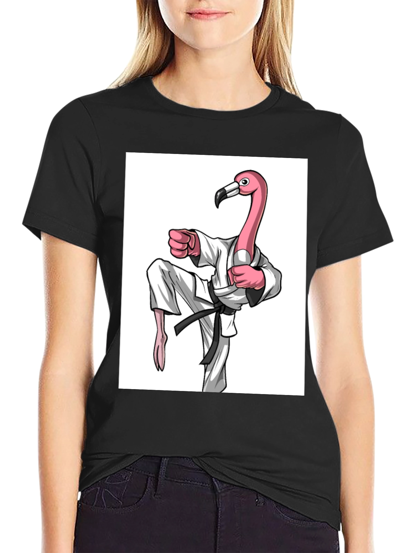 Black Karate Flamingo Black T-Shirt - Unique Graphic Tee view 2
