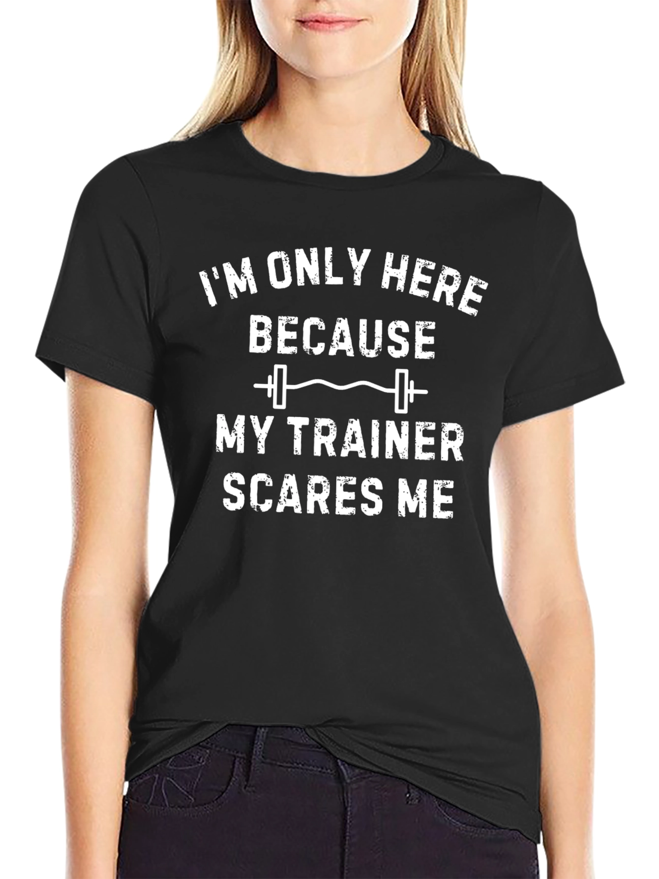 Black Funny Workout T-Shirt: My Trainer Scares Me Gym Tee view 2