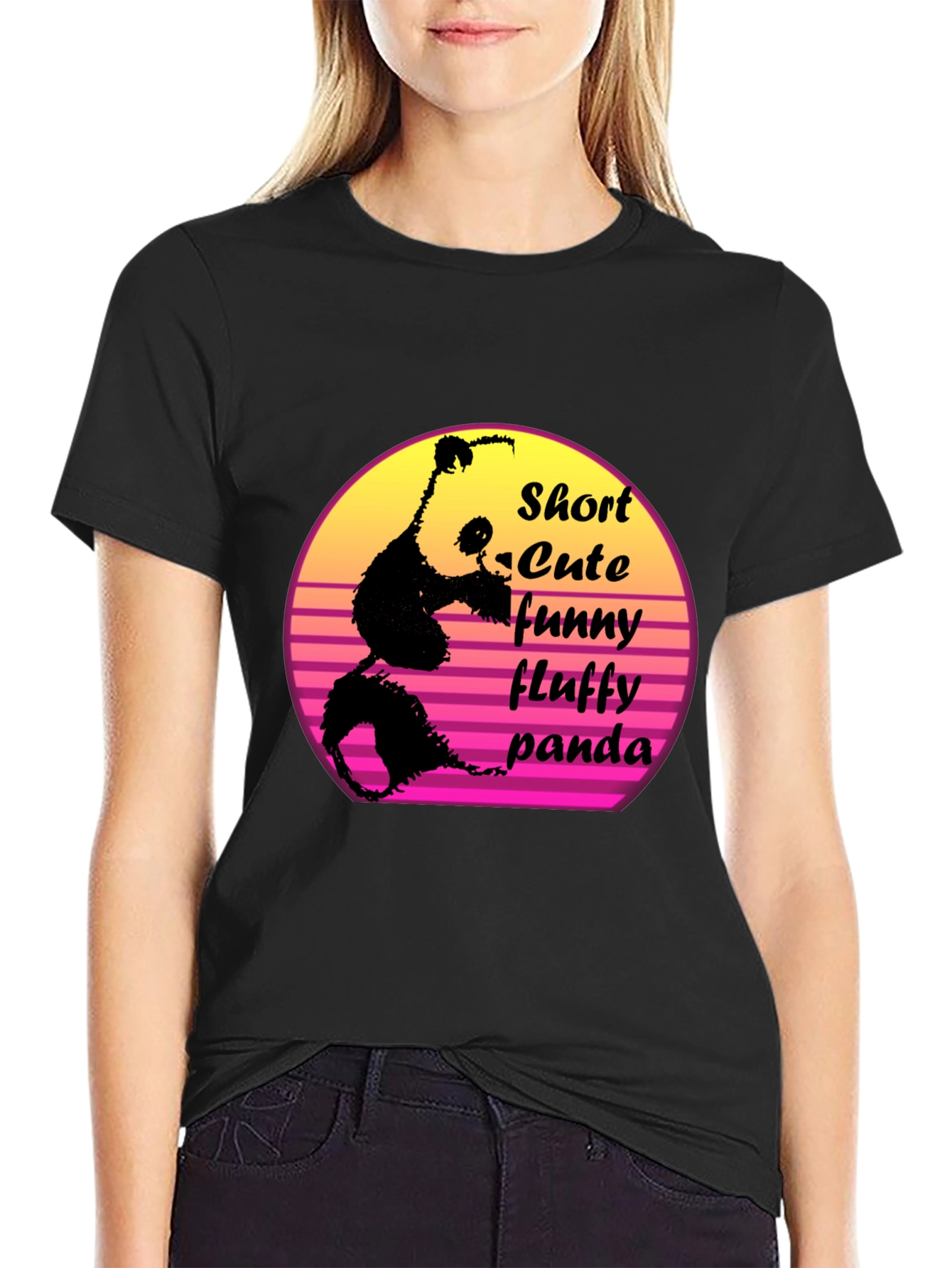 Black Short Cute Fluffy Panda Graphic T-Shirt view 2