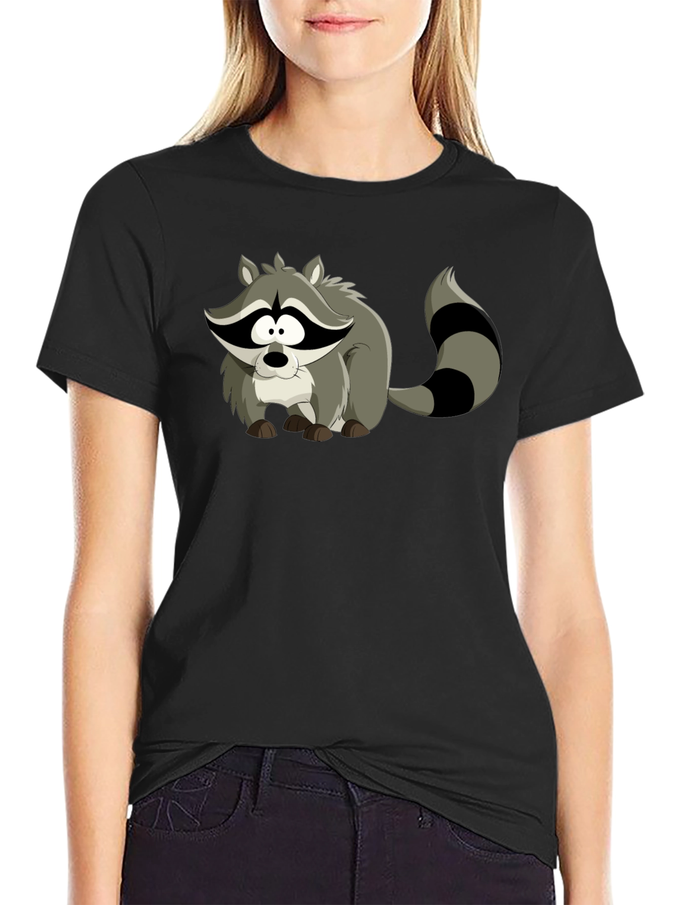 Black Cartoon Raccoon Black T-Shirt view 2