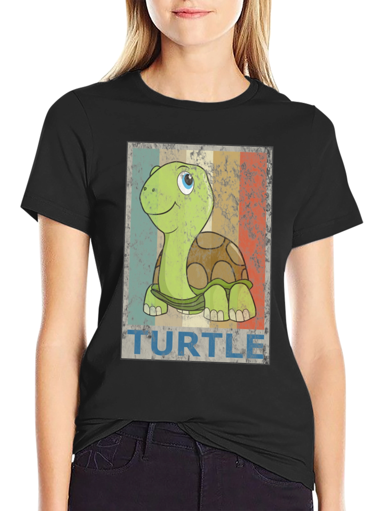 Black Retro Turtle Graphic Tee - Cute Cartoon Animal T-Shirt view 2