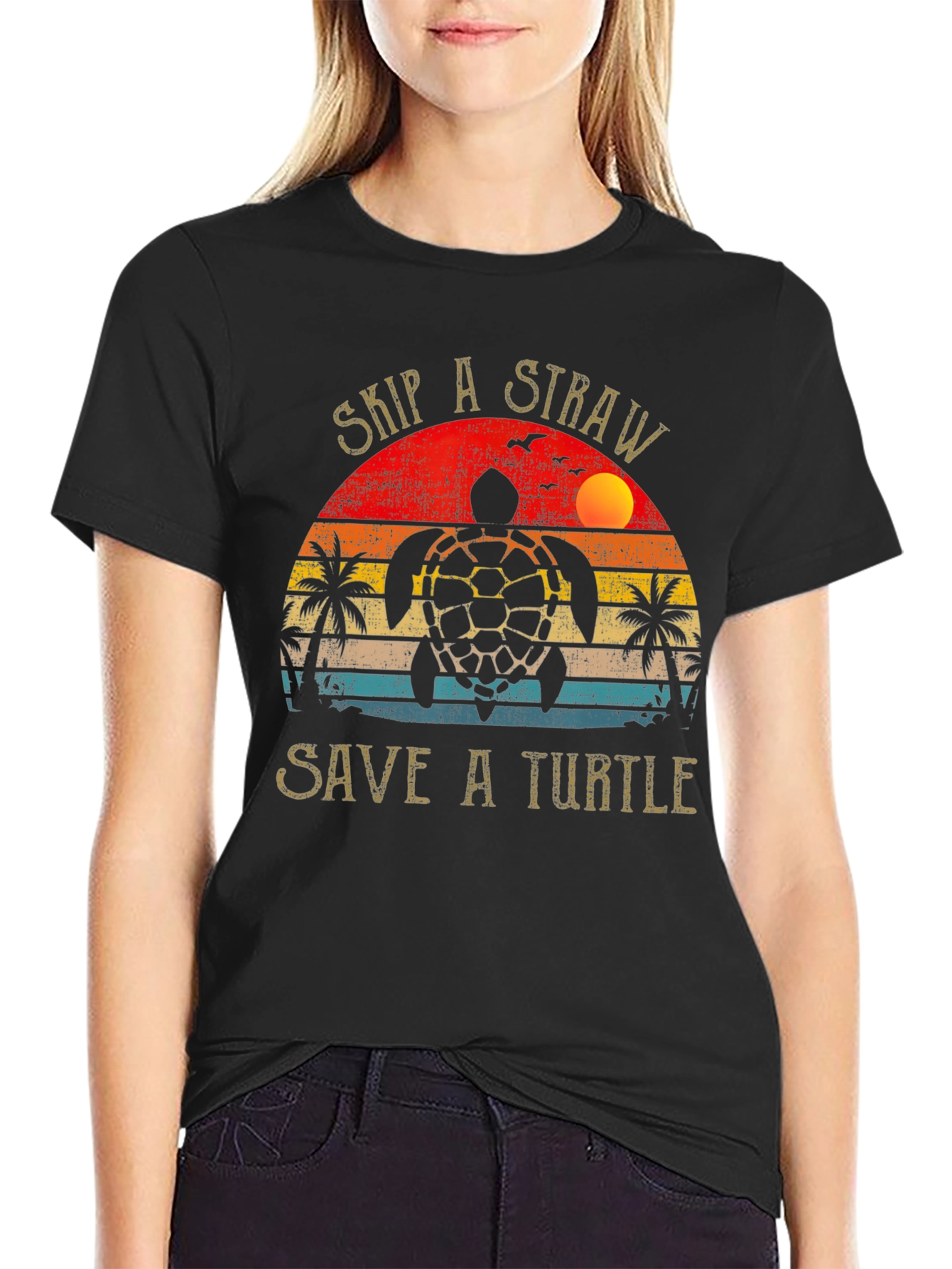 Black Skip a Straw Save a Turtle Graphic Tee view 2
