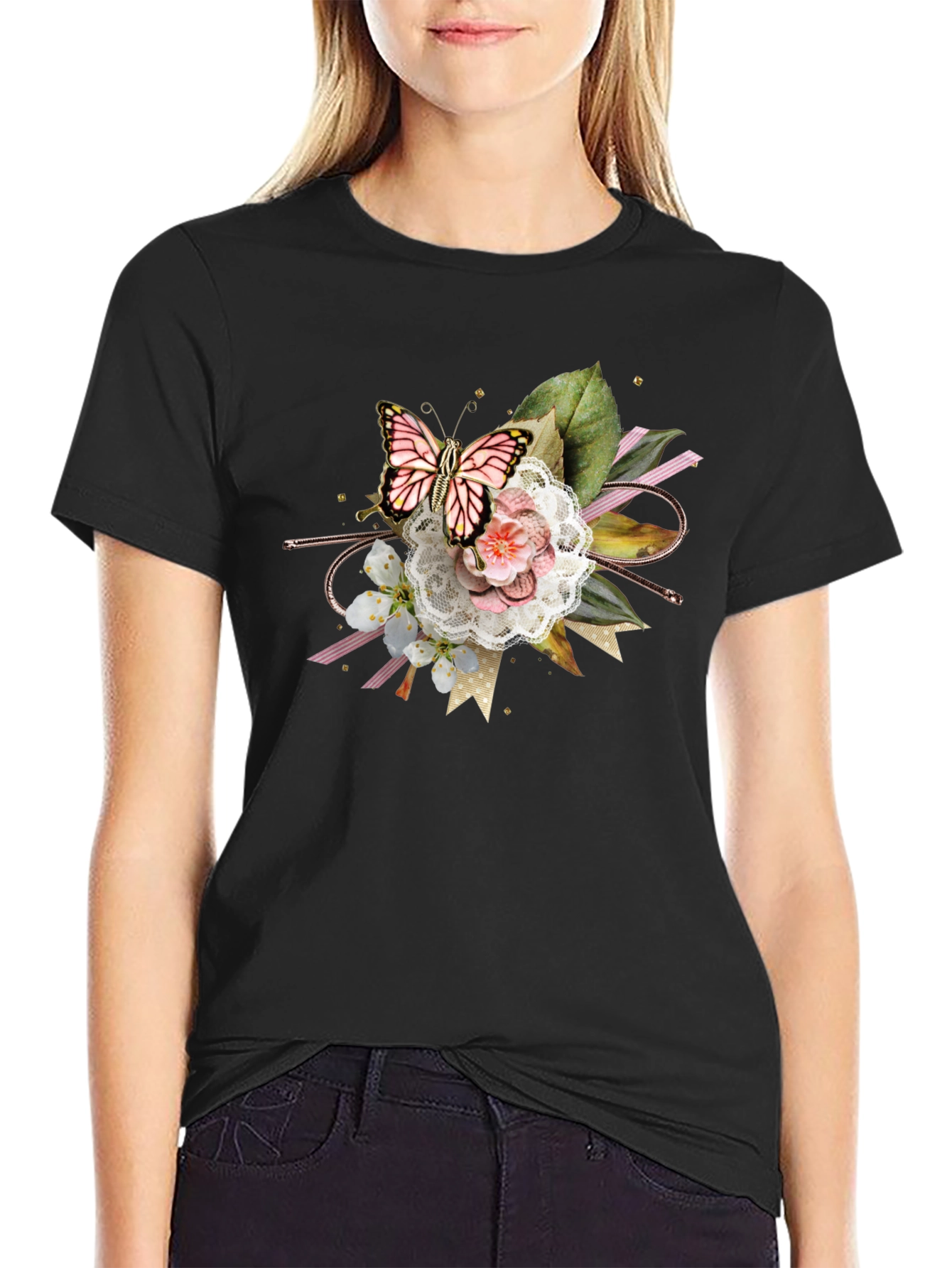 Black Butterfly Floral Graphic Tee - Black Cotton Blend view 2