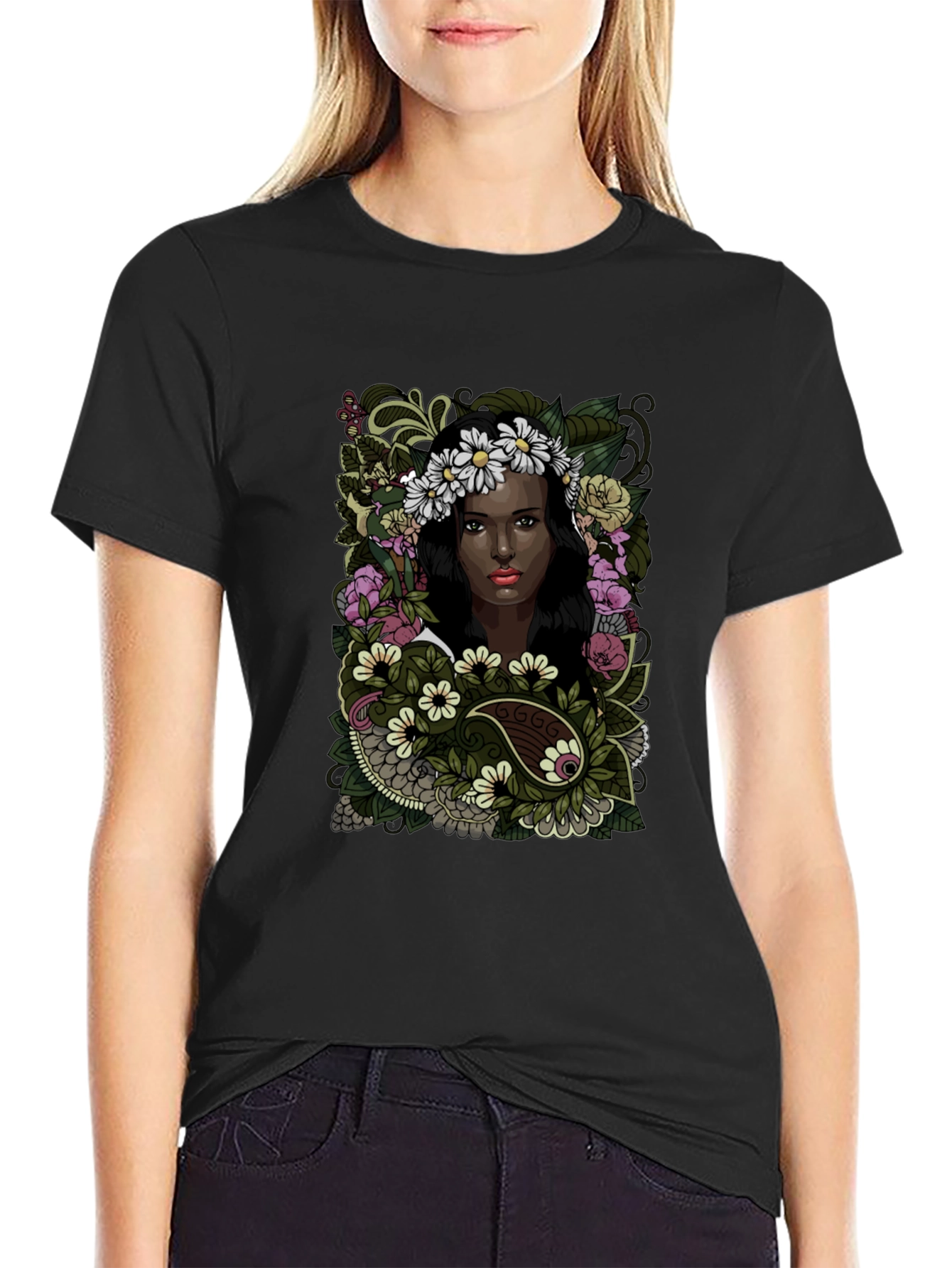 Black Floral Woman Graphic Tee - Soft Cotton Comfort view 2