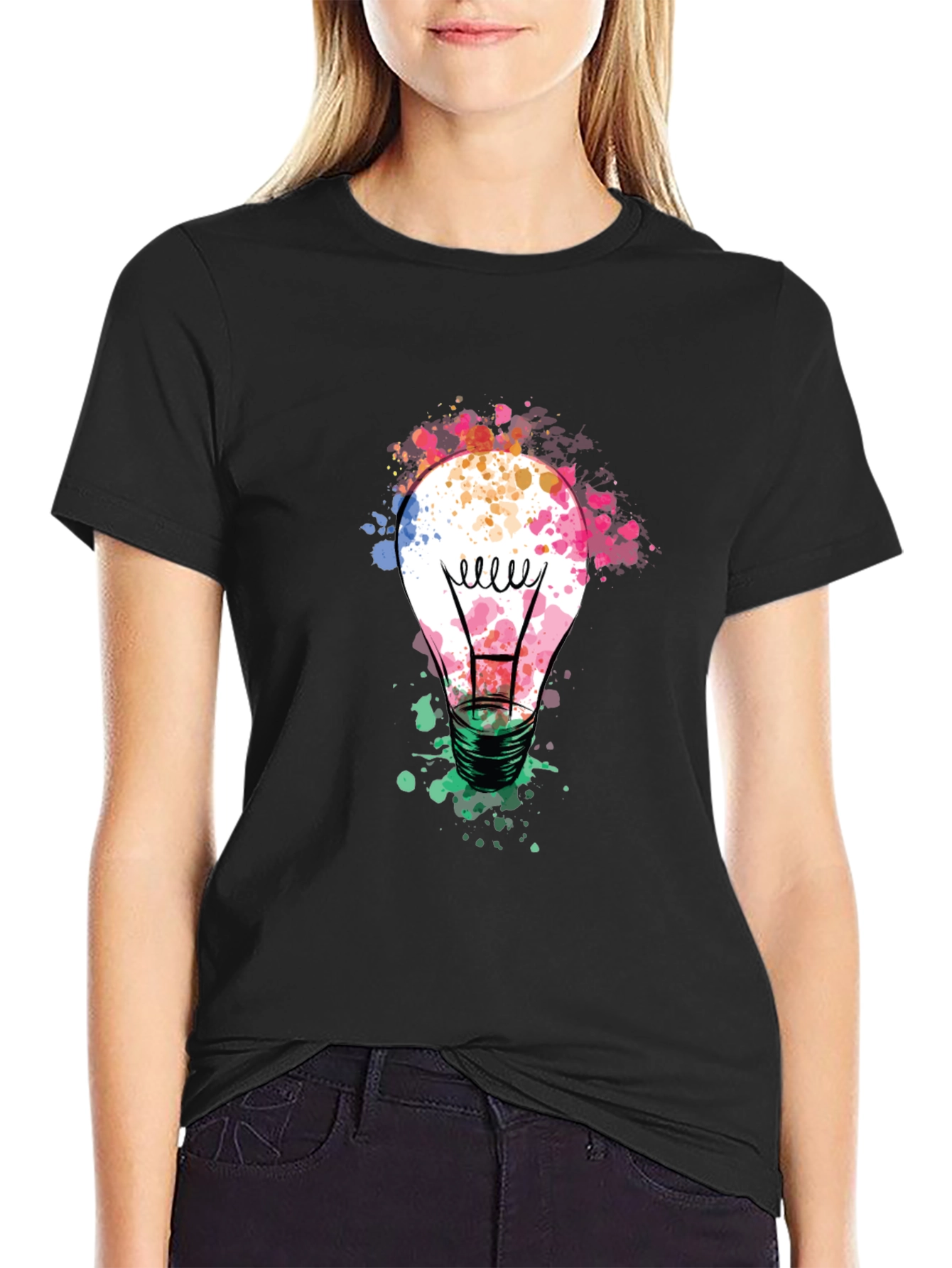 Black Colorful Light Bulb Graphic Tee - Modern Artistic Design view 2