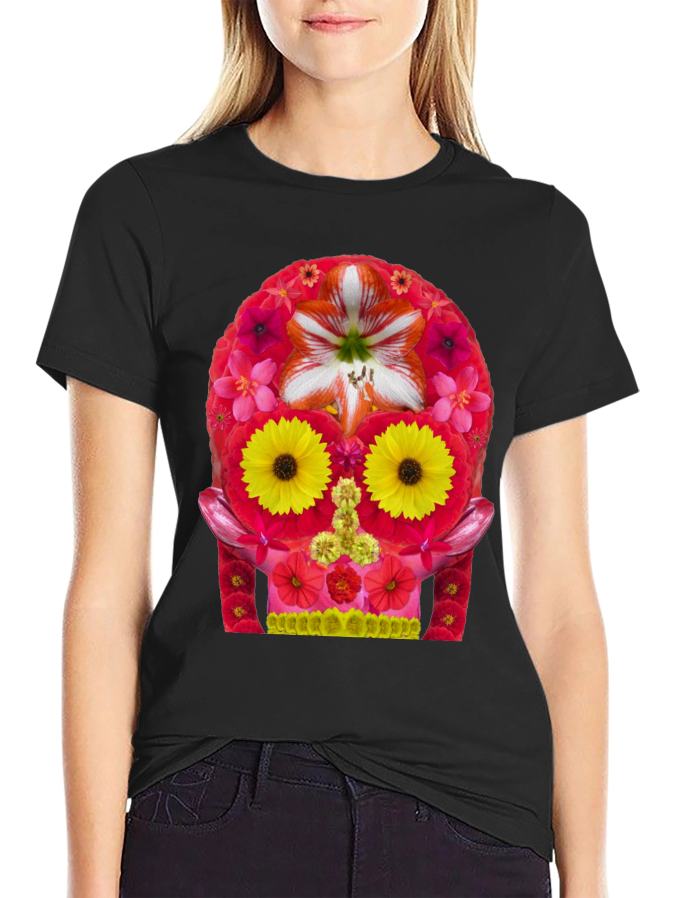 Black Floral Skull Graphic Tee - Men's Black T-Shirt view 2