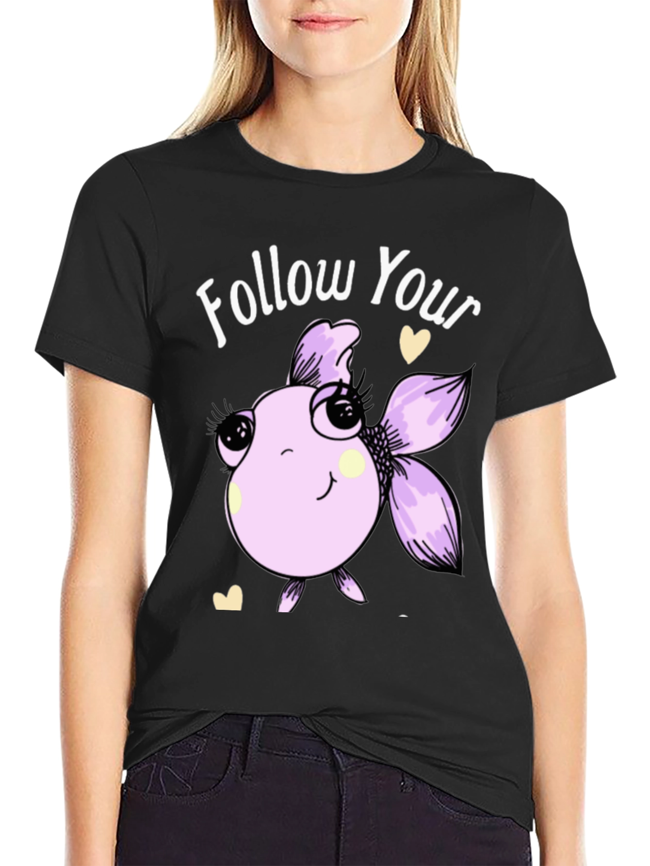 Black Follow Your Dreams T-Shirt with Cute Fish Design view 2