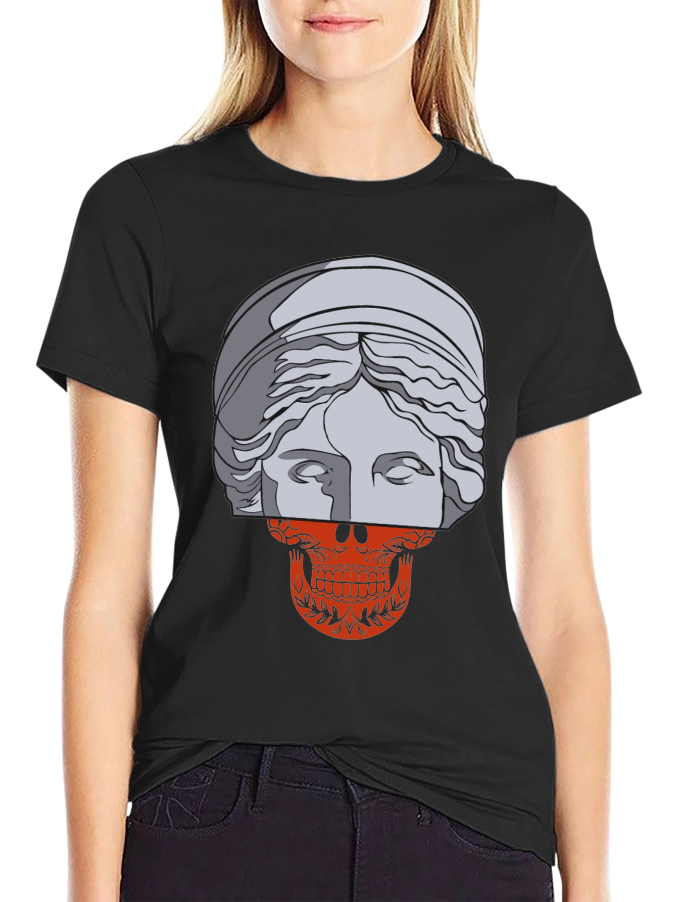 Black Skull Meets Statue Graphic Tee view 2