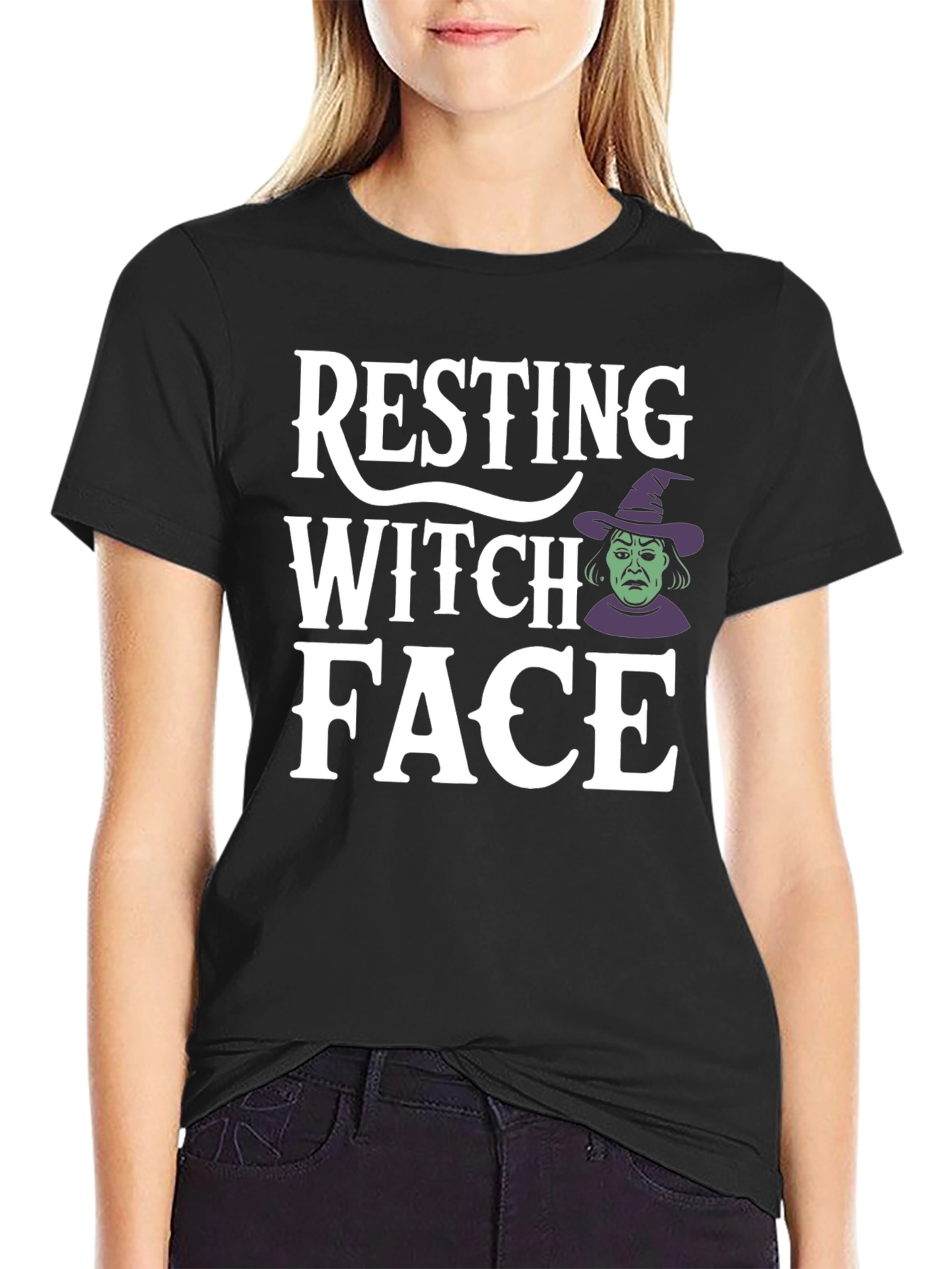 Black Resting Witch Face Graphic Tee - Halloween Shirt view 2
