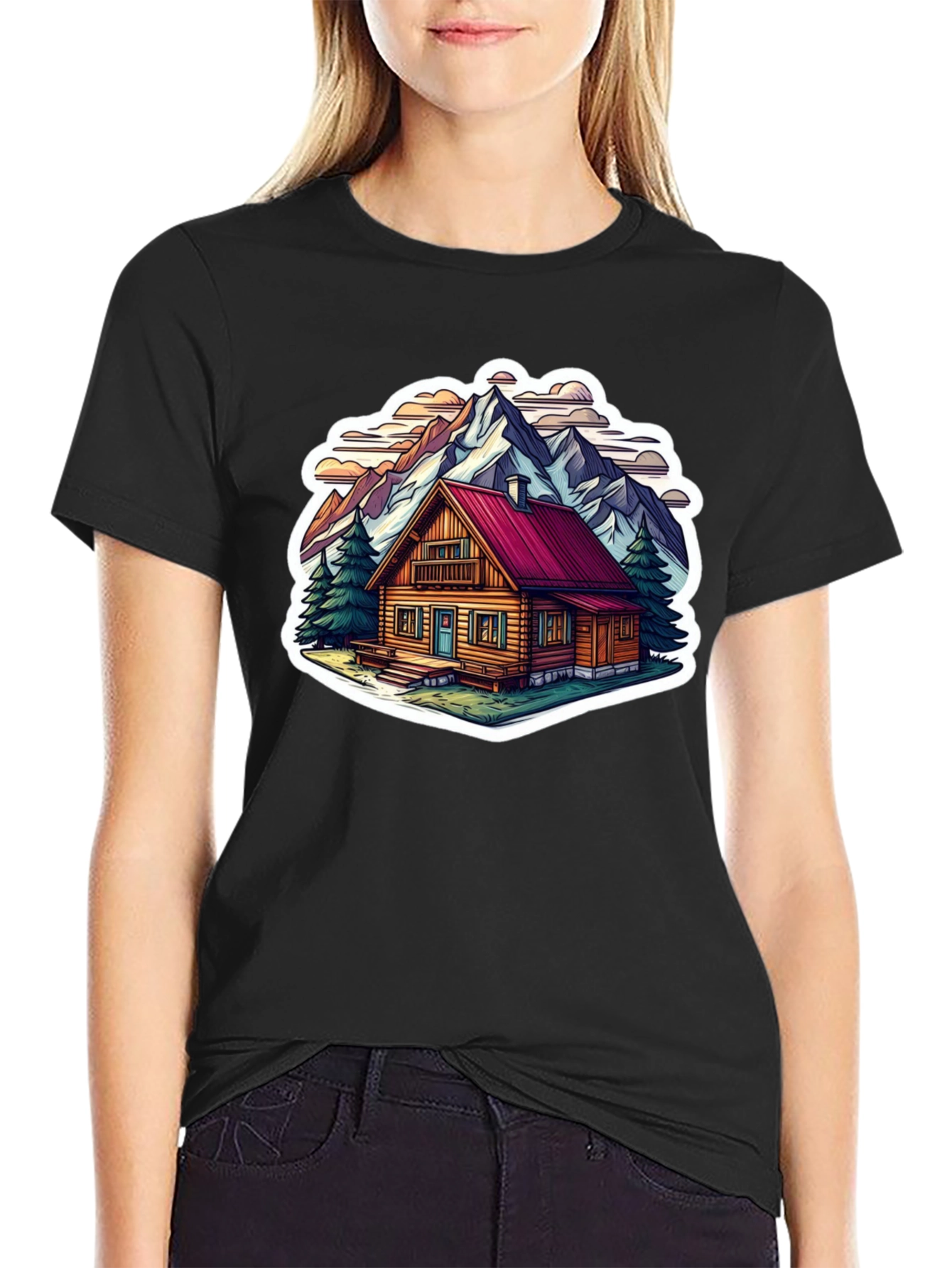 Black Cabin in the Mountains Graphic T-Shirt view 2
