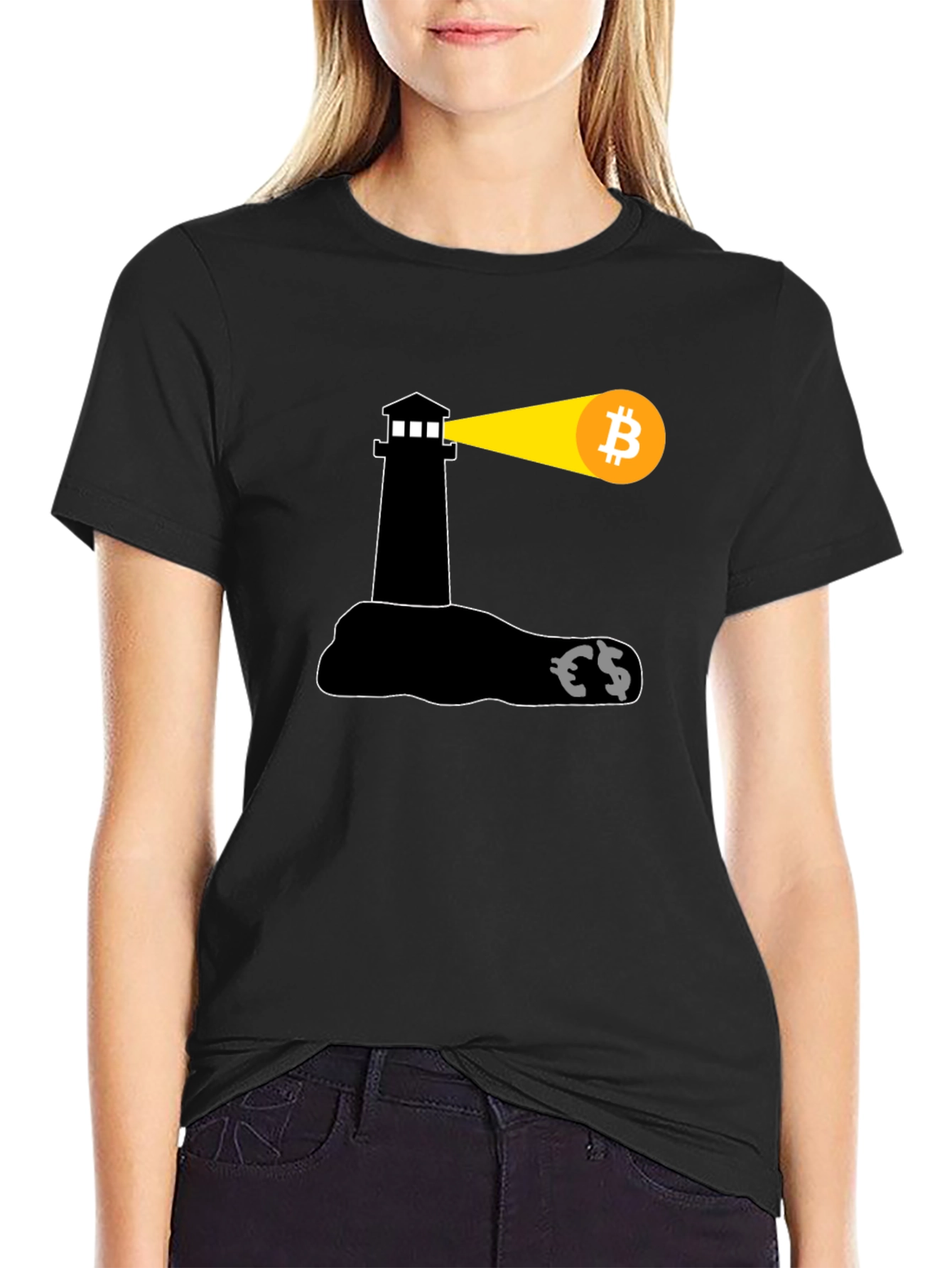Black Bitcoin Lighthouse Black T-Shirt view 2