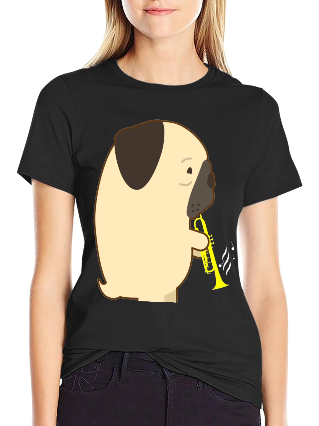Black Pug Trumpet T-Shirt - Musical Dog Tee view 2