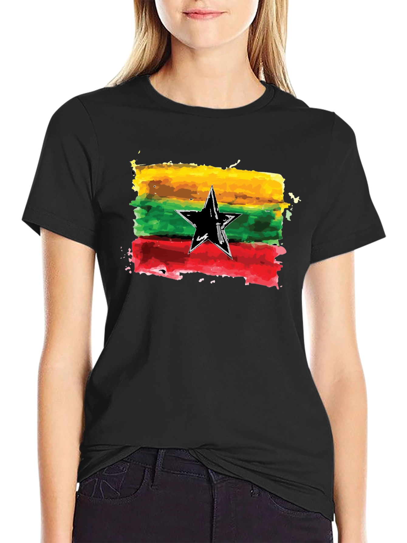 Black Ghana Flag Watercolor Graphic Tee view 2