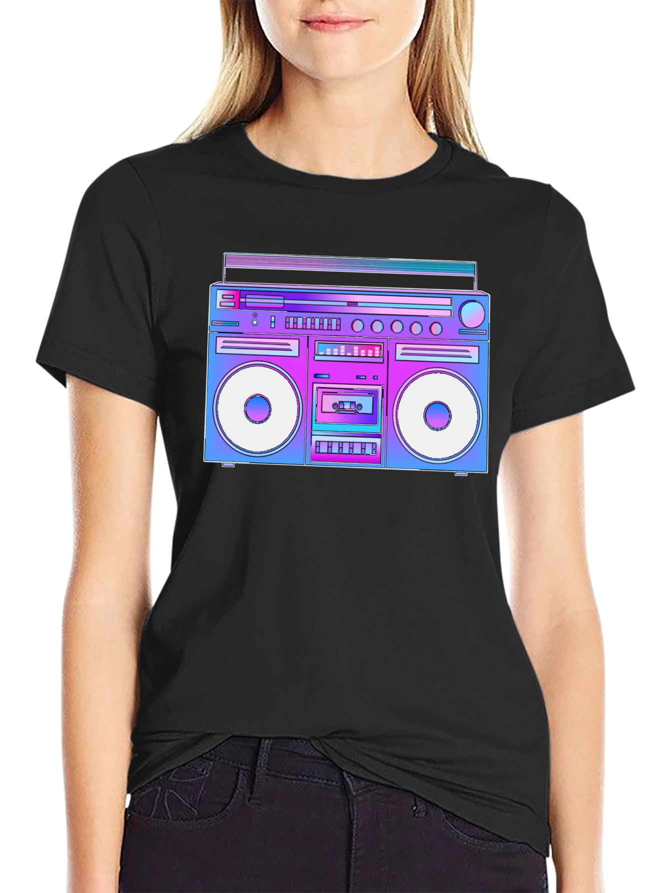 Black Retro Boombox T-Shirt - 80s Throwback Style view 2