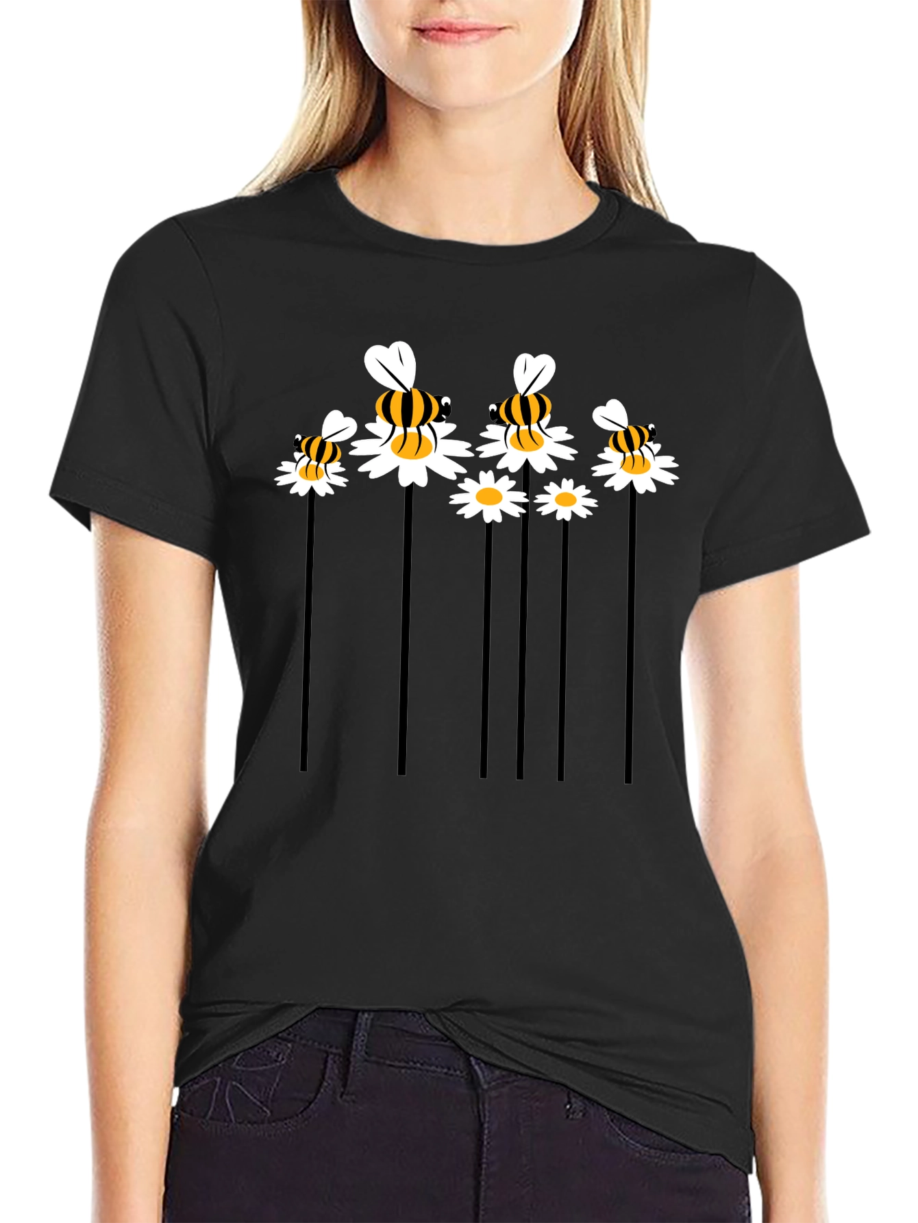 Black Bee & Daisy Graphic Tee - Black Cotton Blend view 2
