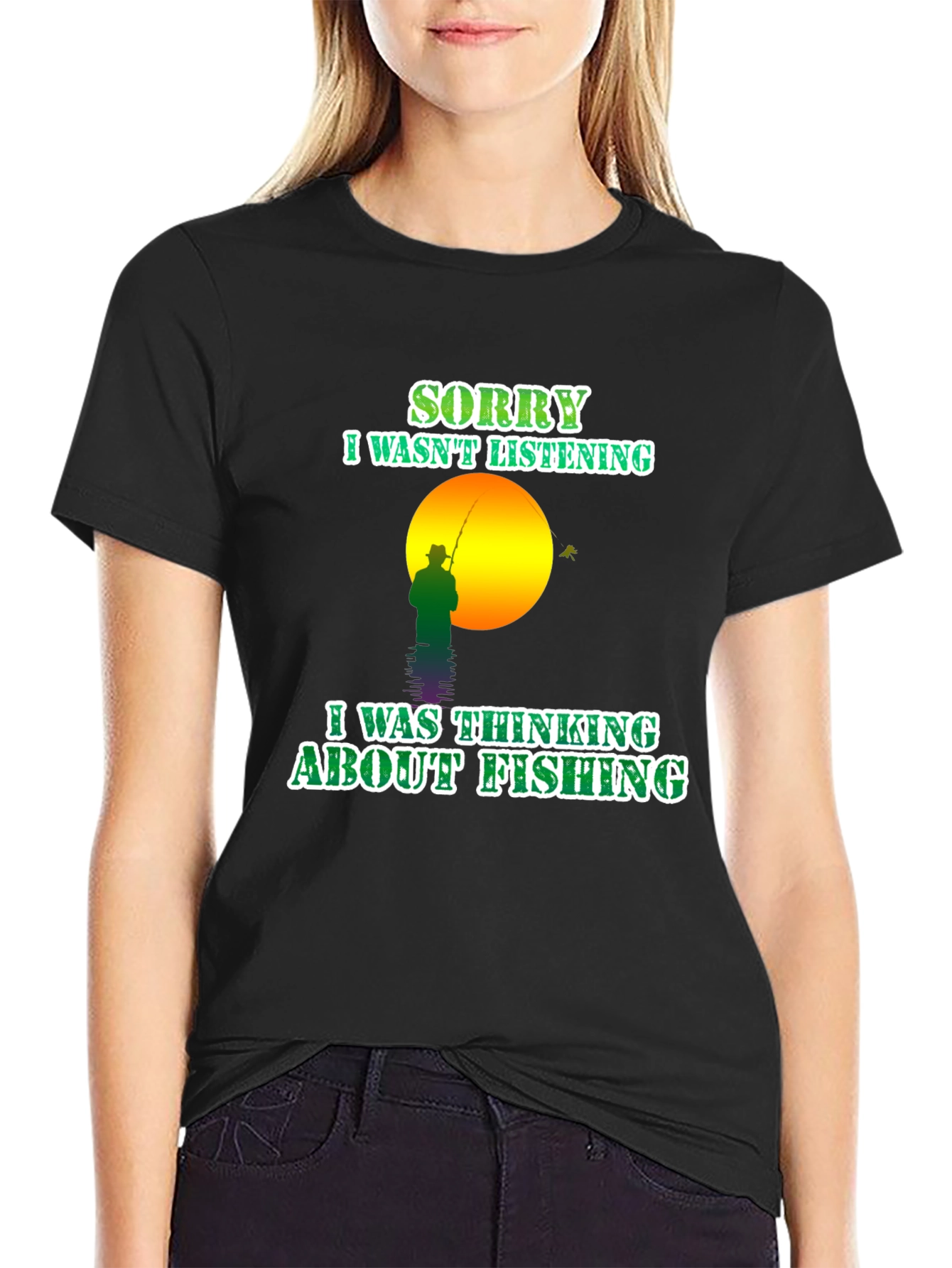 Black Fishing T-Shirt: Sorry, Thinking About Fishing view 2