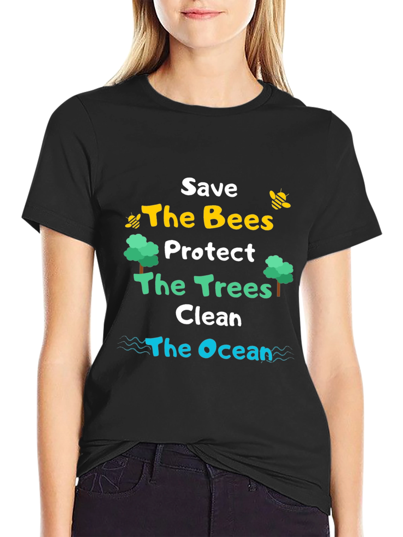 Black Save the Bees, Trees, Ocean T-Shirt view 2