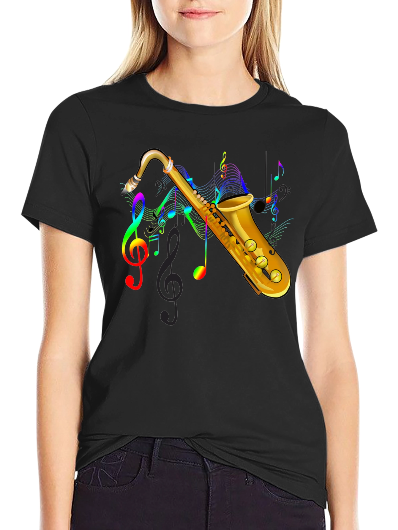 Black Saxophone Music Note Graphic Tee - Black view 2