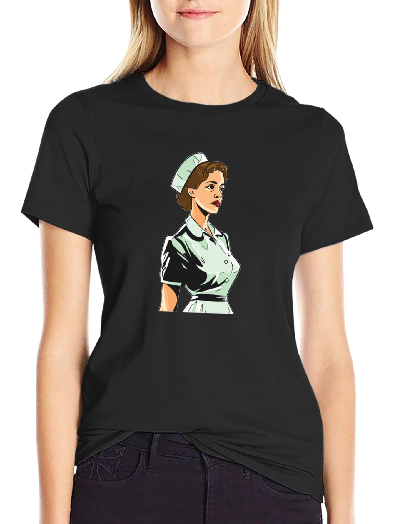 Black Retro Nurse Graphic Tee - Black Cotton Blend view 2