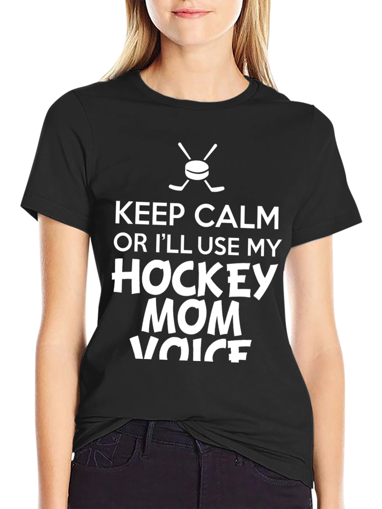 Black Keep Calm Hockey Mom T-Shirt - Funny Graphic Tee view 2