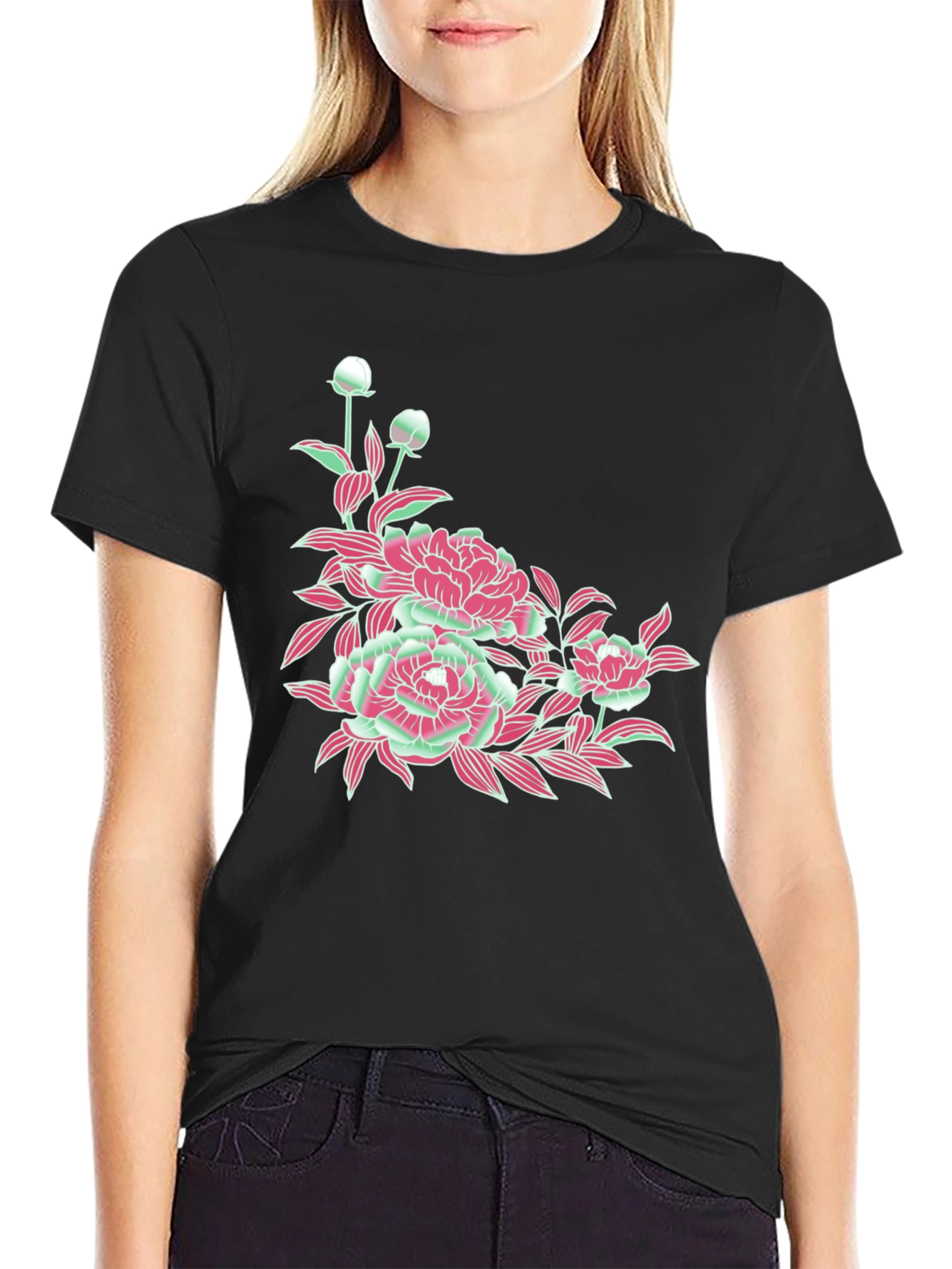 Black Floral Graphic Print Black T-Shirt view 2