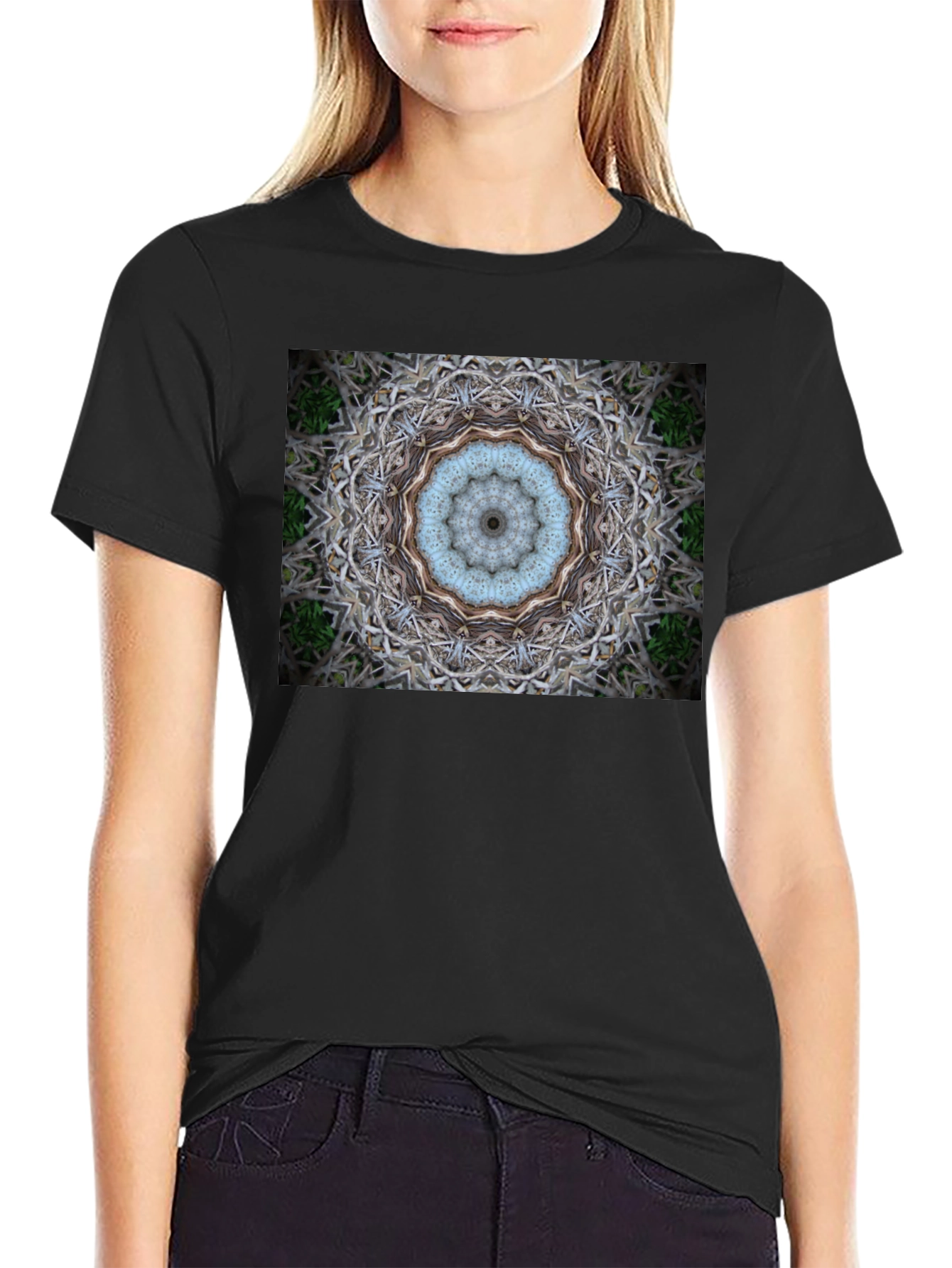 Black Abstract Mandala Print Black T-Shirt view 2