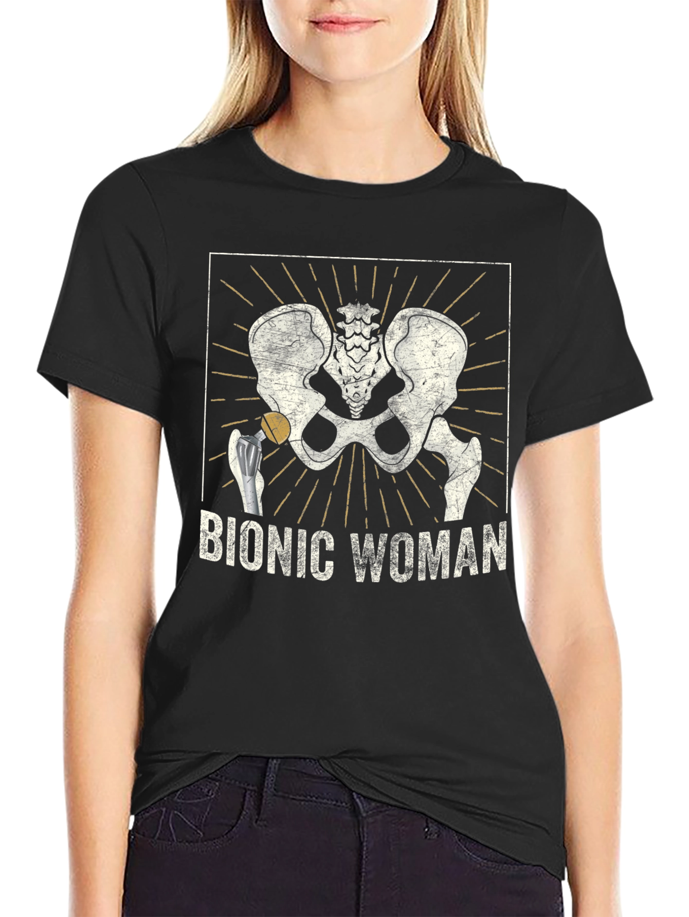 Black Bionic Woman Hip Replacement Graphic Tee view 2