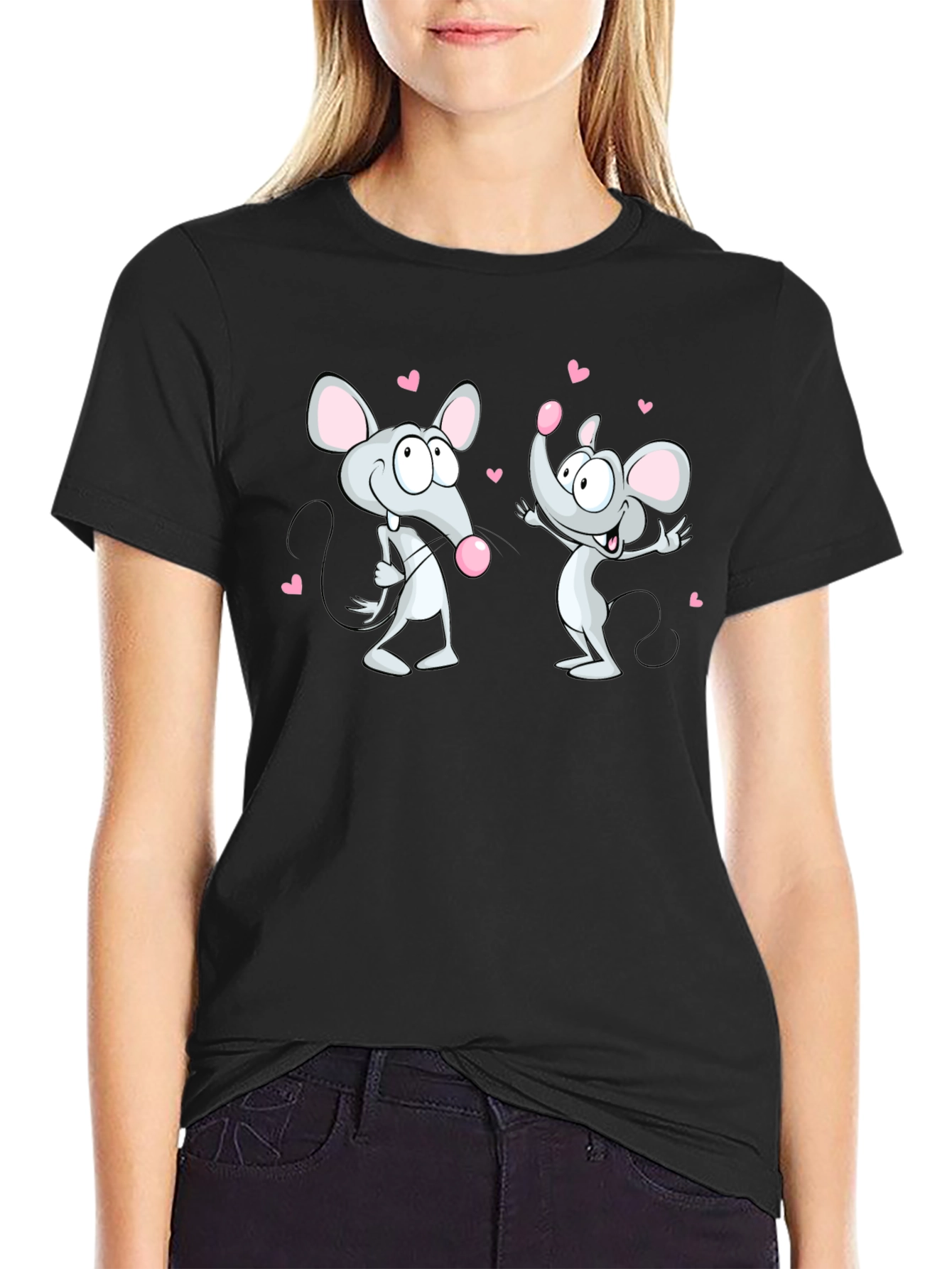 Black Cute Cartoon Mice Valentine's T-Shirt view 2