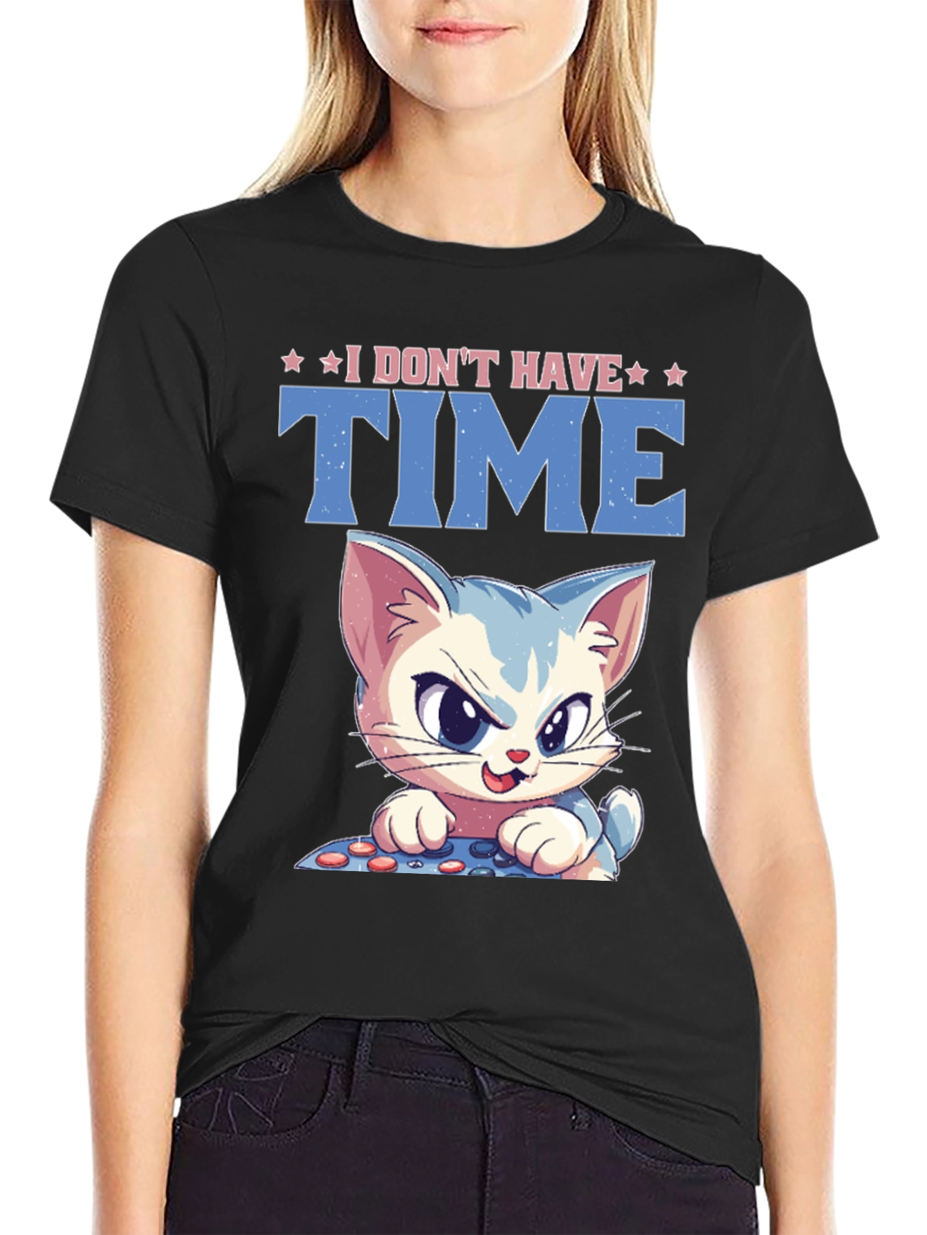 Black I Don't Have Time Cat Gamer Black T-Shirt view 2