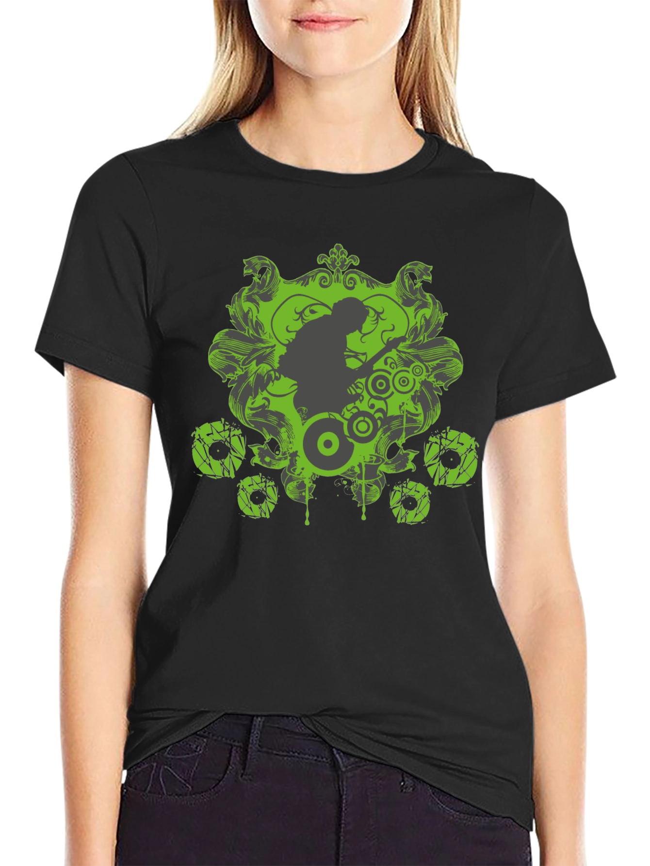 Black Cool Graphic Tee - Black with Green Design view 2