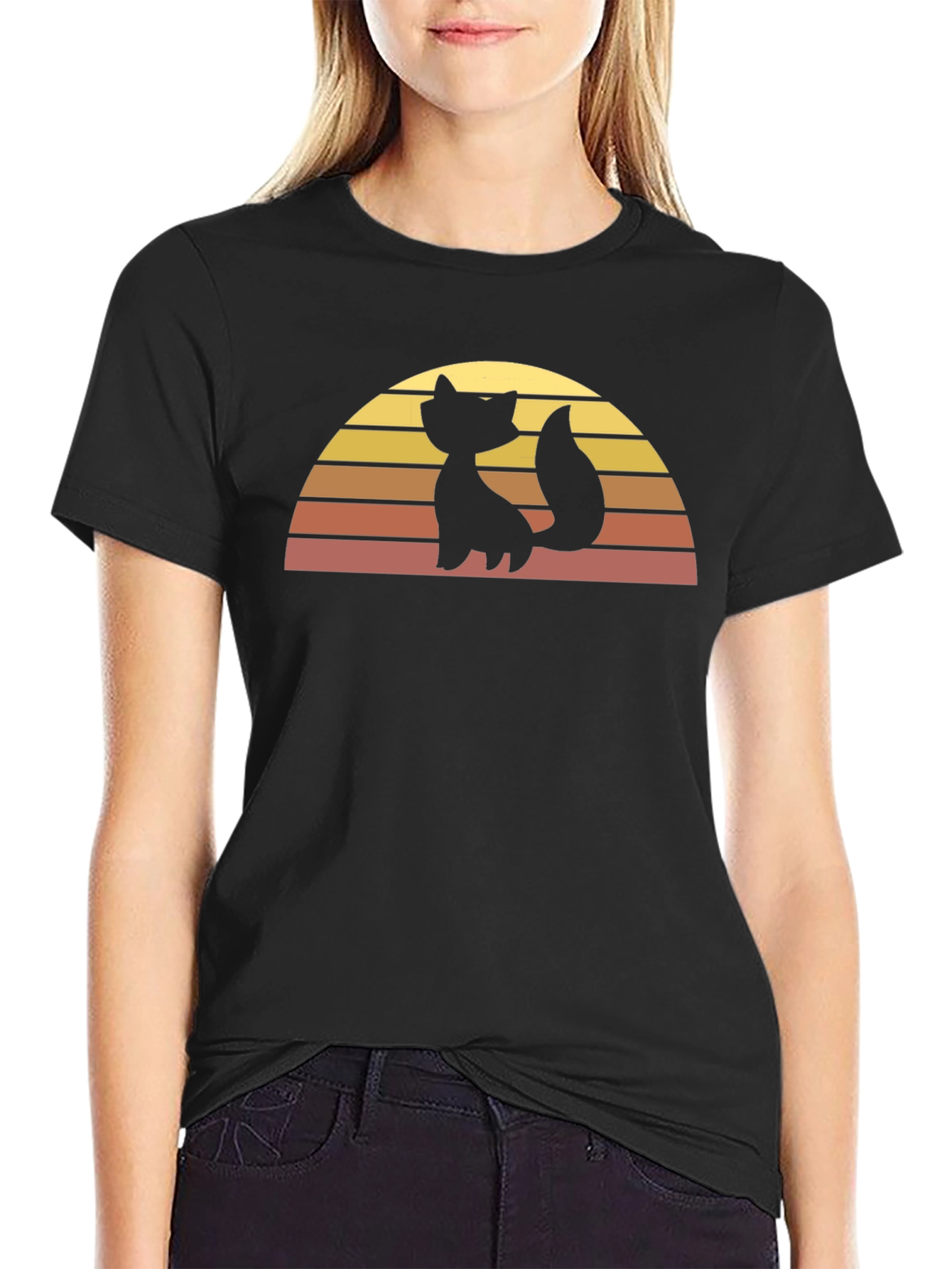 Black Retro Cat Sunset Graphic Tee - Black Cotton T-Shirt view 2