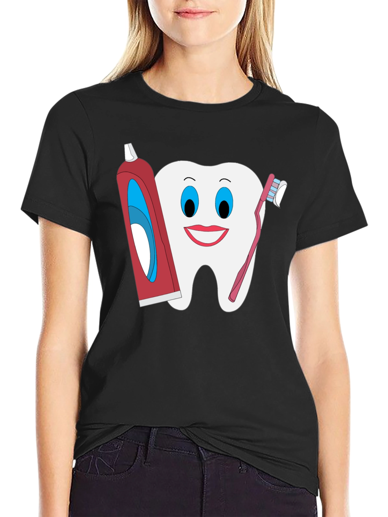 Black Funny Tooth T-Shirt: Dental Hygiene Cartoon Tee view 2