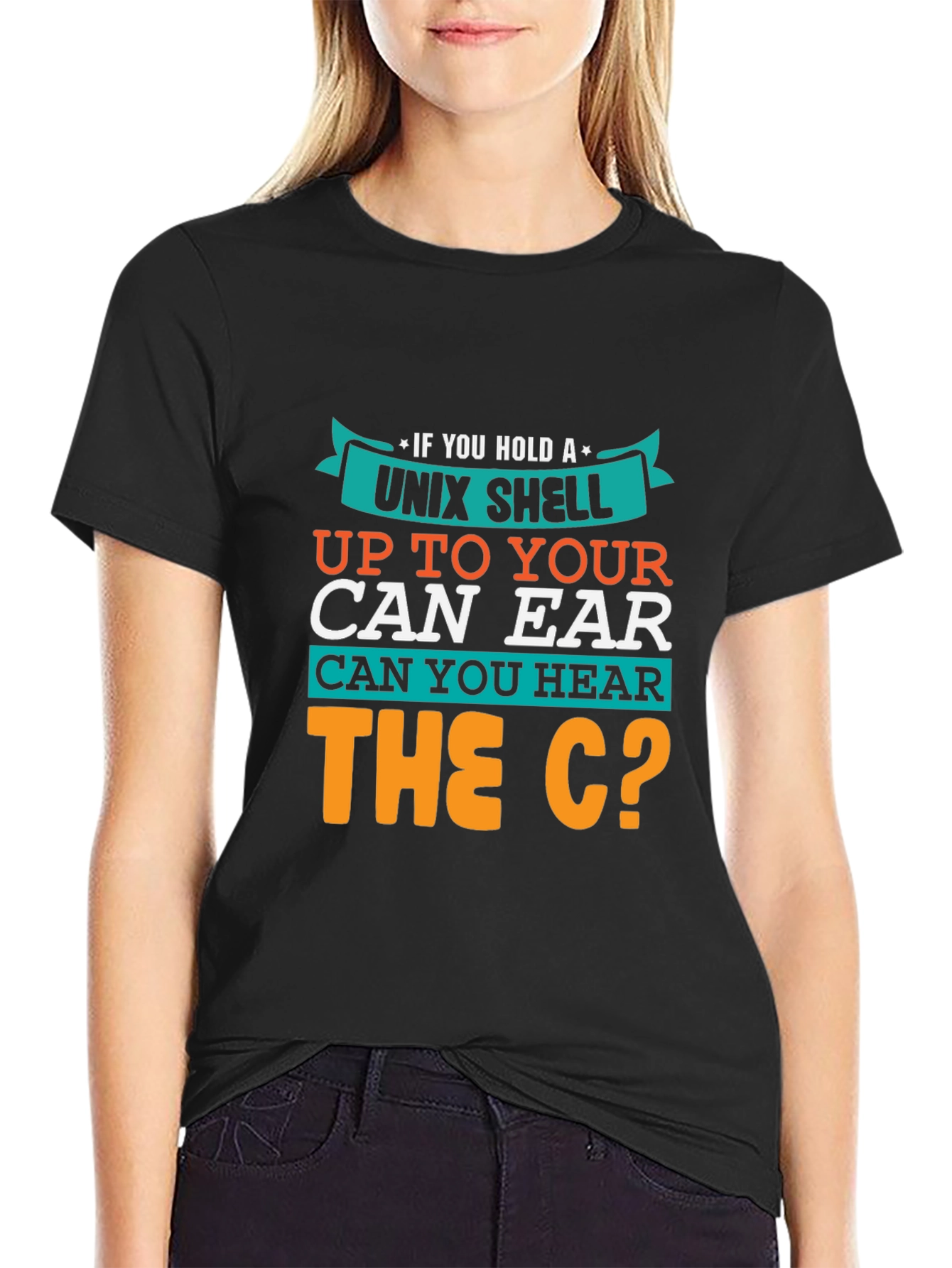Black Unix Shell Programmer T-Shirt - 'Hear the C?' Fun Geek Tee view 2