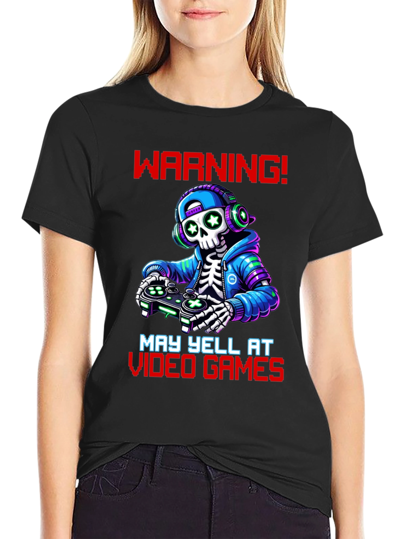 Black Gamer Skeleton T-Shirt - Warning May Yell! view 2