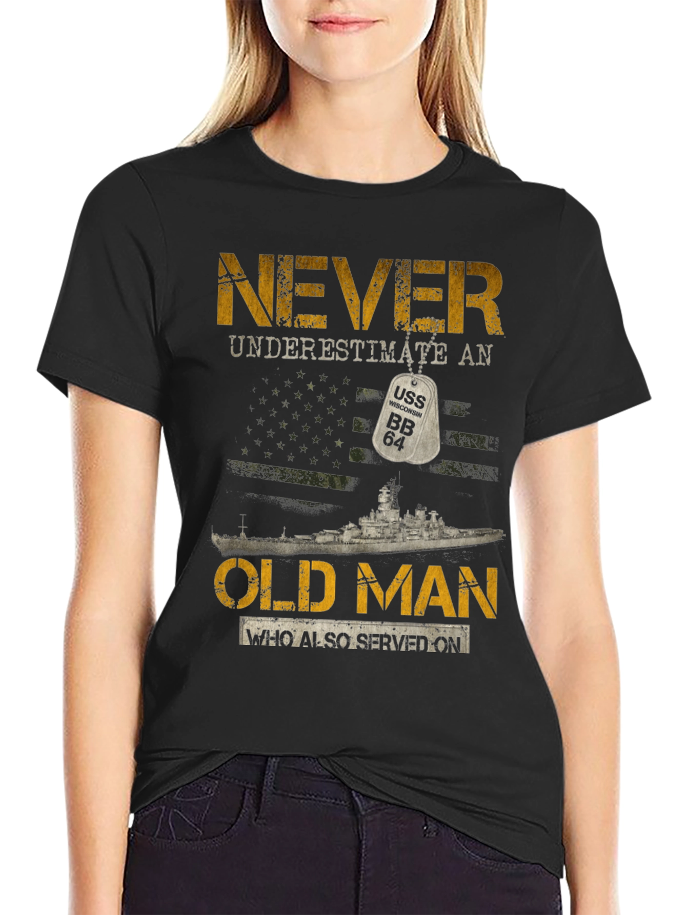 Black Never Underestimate an Old Man USS BB 64 T-Shirt view 2